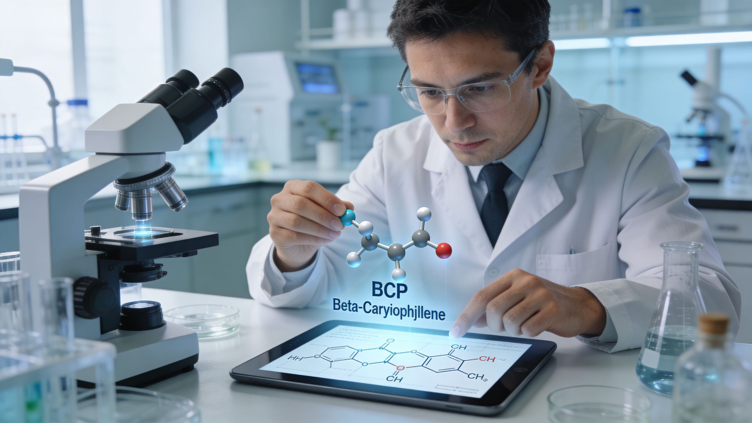 A scientist in a laboratory analyzing the chemical structure of beta-caryophyllene on a digital tablet.