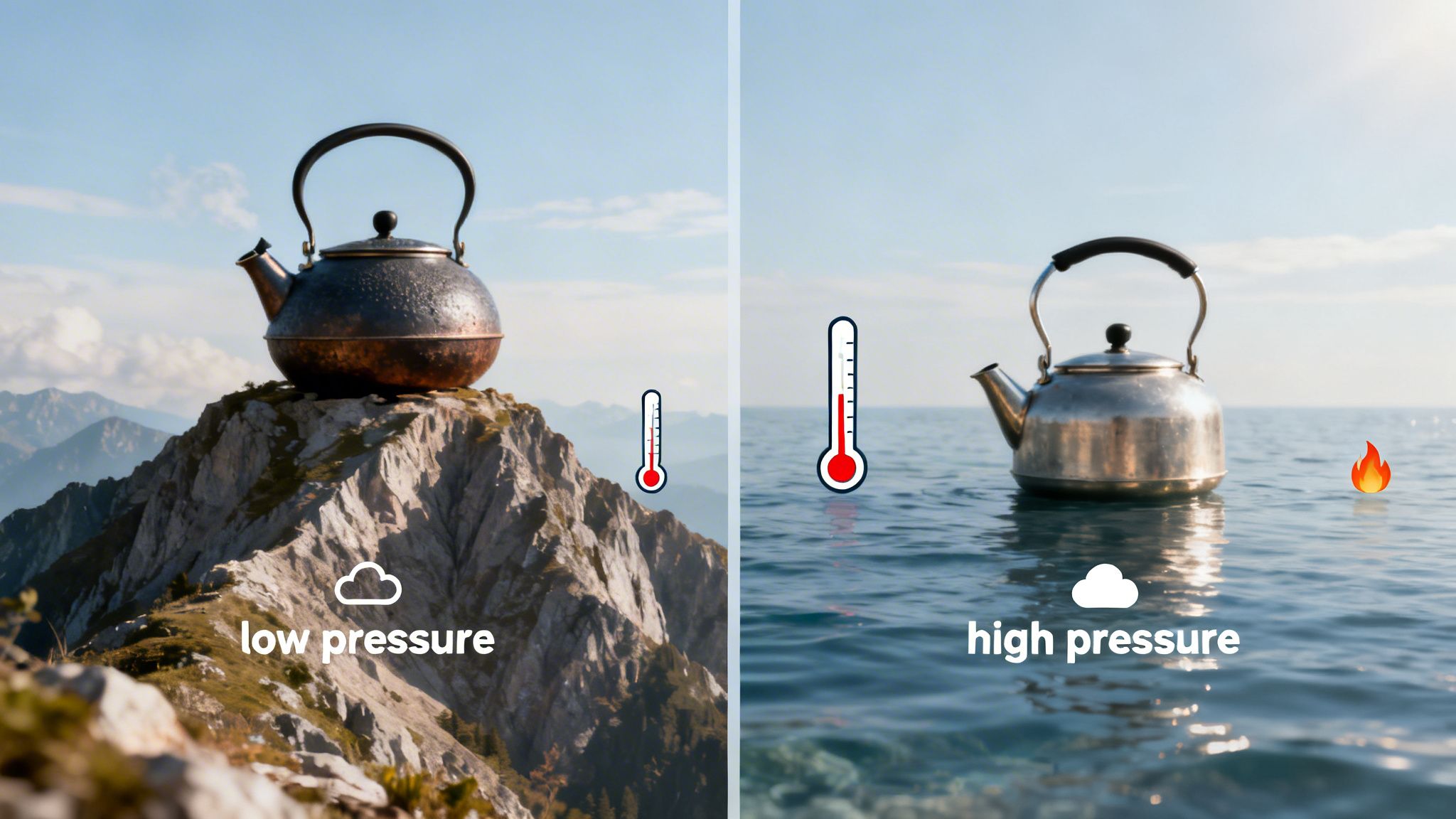 Two kettles illustrate boiling point: one at low pressure on a mountain, one at high pressure on water.