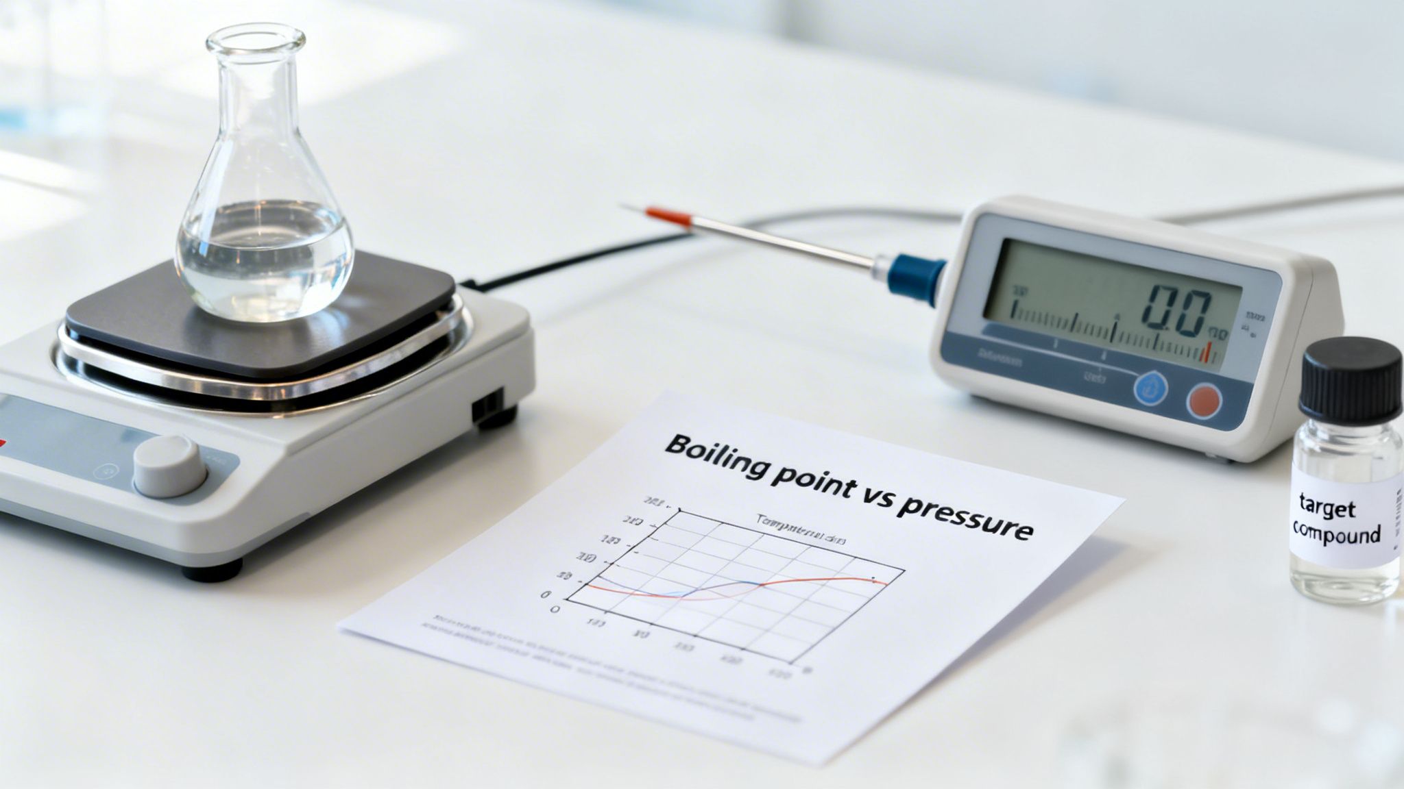 A laboratory setup showing an experiment to determine the boiling point of a target compound.