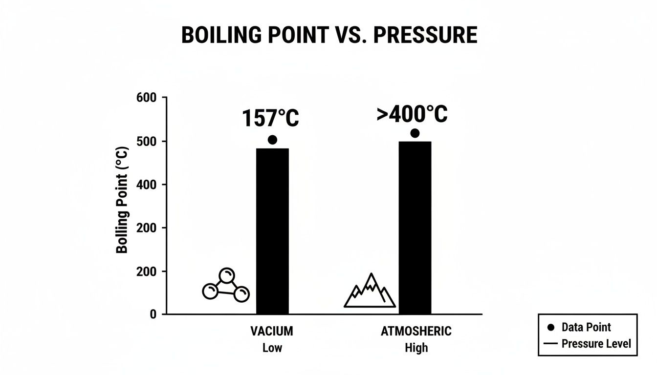 Bar chart illustrating a substance's boiling point at low (157°C) and high (>400°C) pressures.