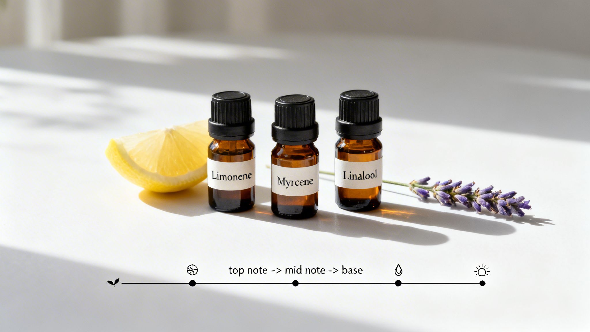 Three essential oil bottles of Limonene, Myrcene, Linalool, with lemon, lavender, and aroma notes chart.