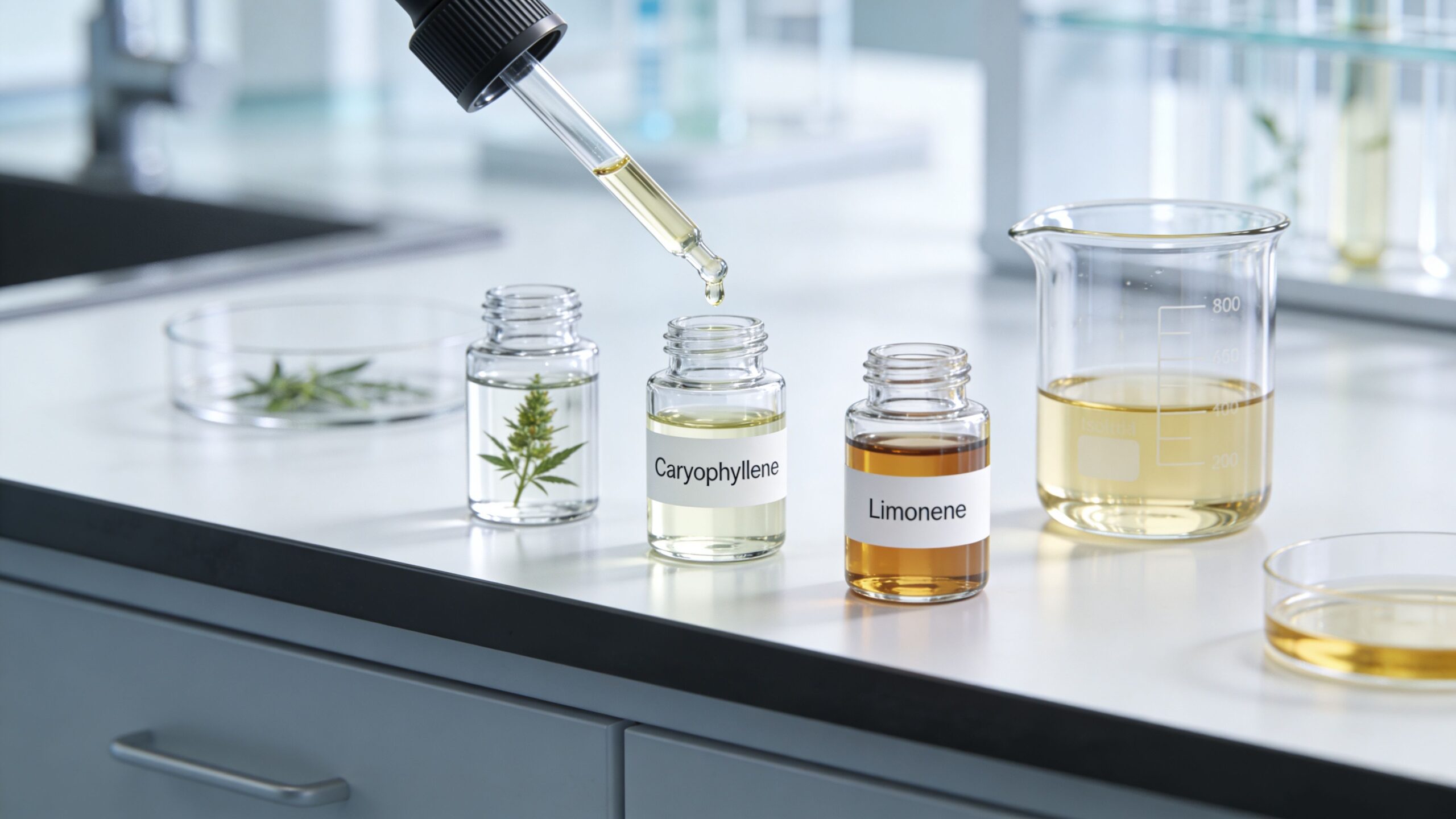A laboratory setting with cannabis-related oils like Caryophyllene and Limonene being prepared with a dropper.