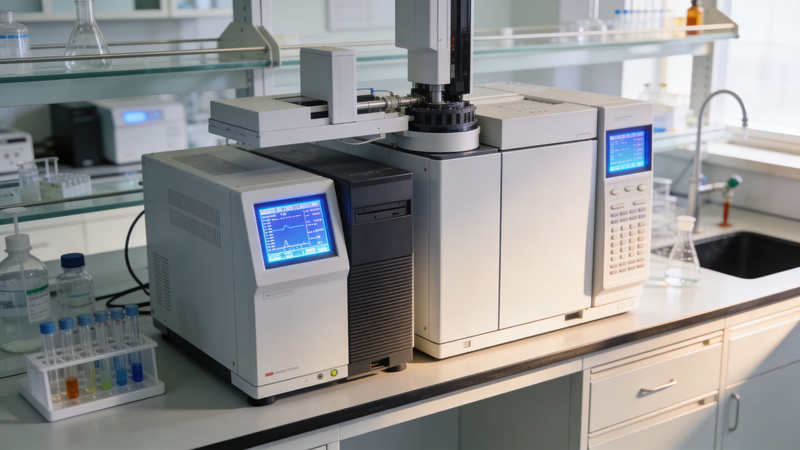 A gas chromatography machine inside a scientific laboratory with various test tubes and glassware on the bench.