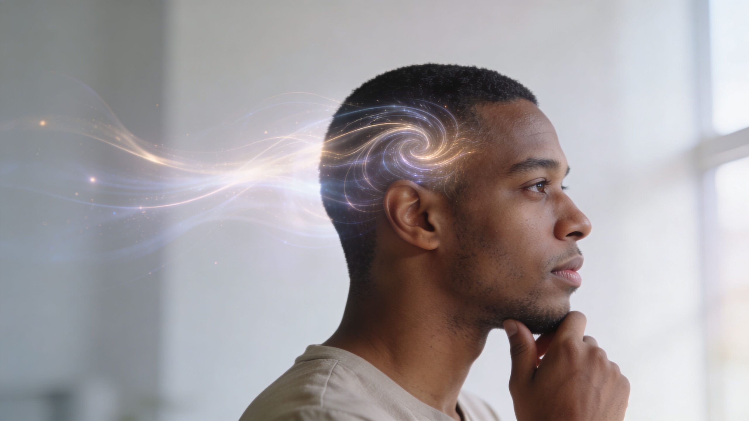 A thoughtful young Black man with a glowing digital visualization of brain waves and thoughts.