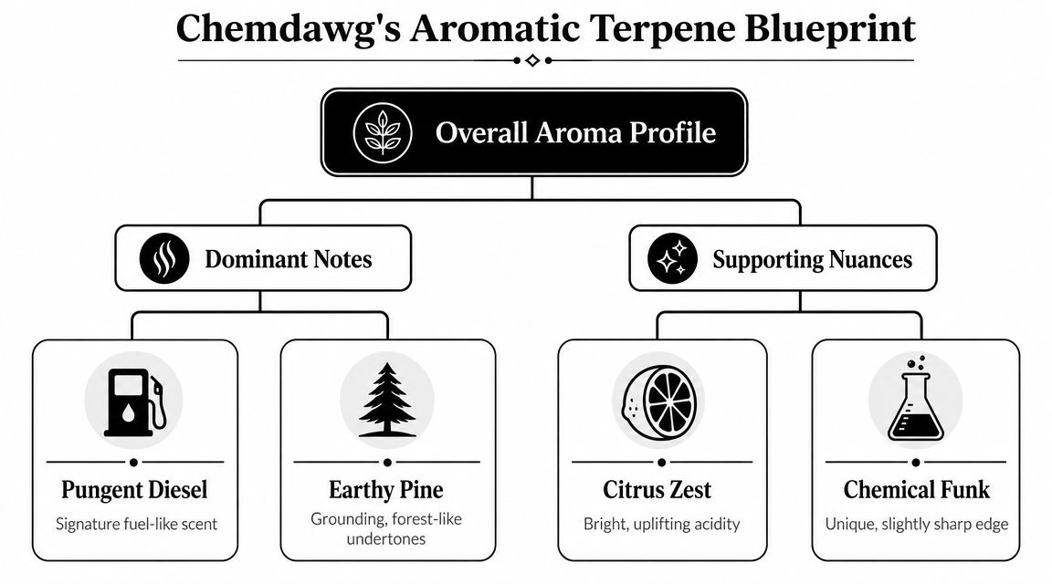 A diagram illustrating the Chemdawg aromatic terpene blueprint, categorizing its dominant notes and supporting scent nuances.