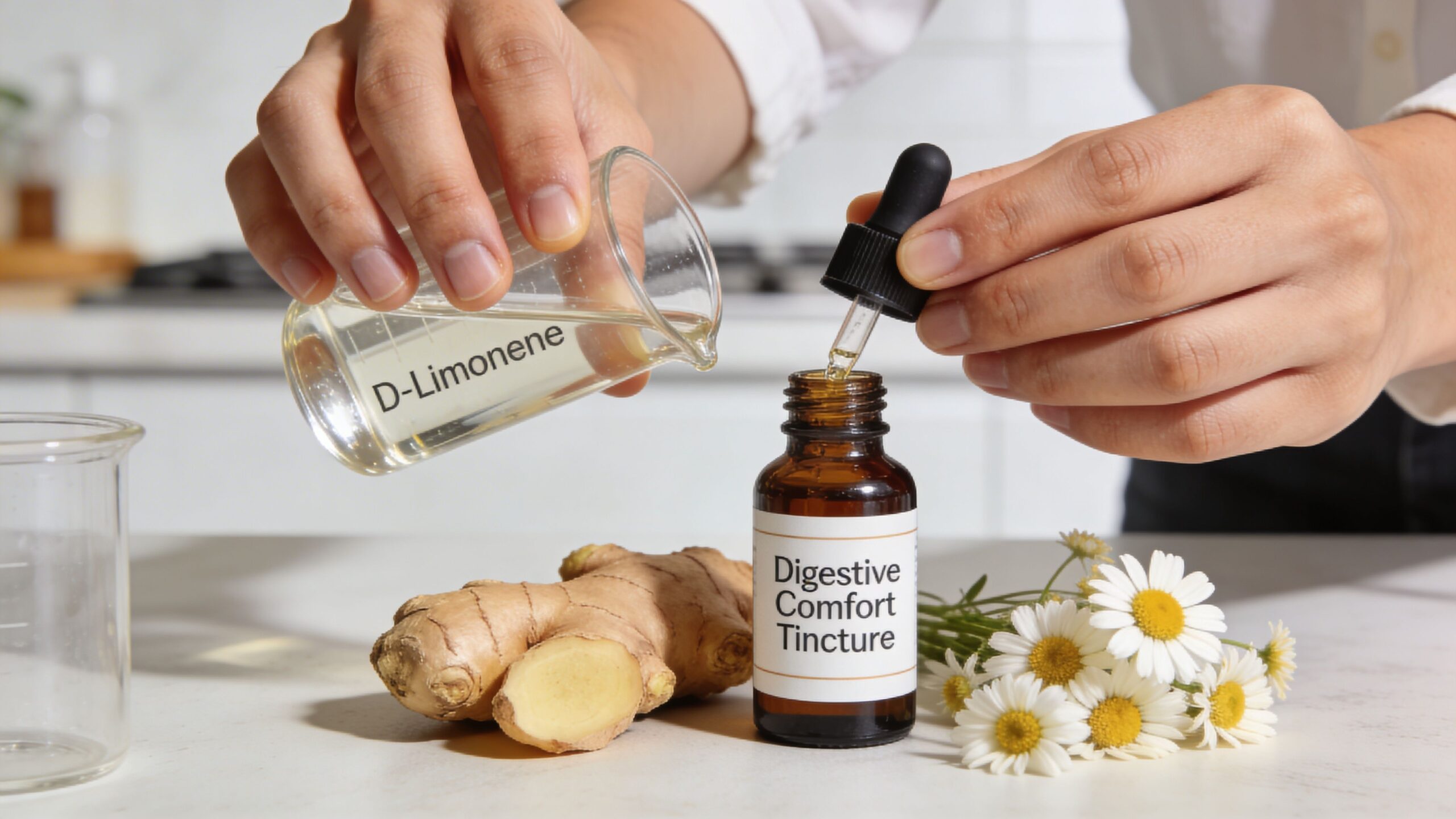 A person preparing a natural digestive comfort tincture with D-limonene, fresh ginger root, and chamomile flowers on a table.