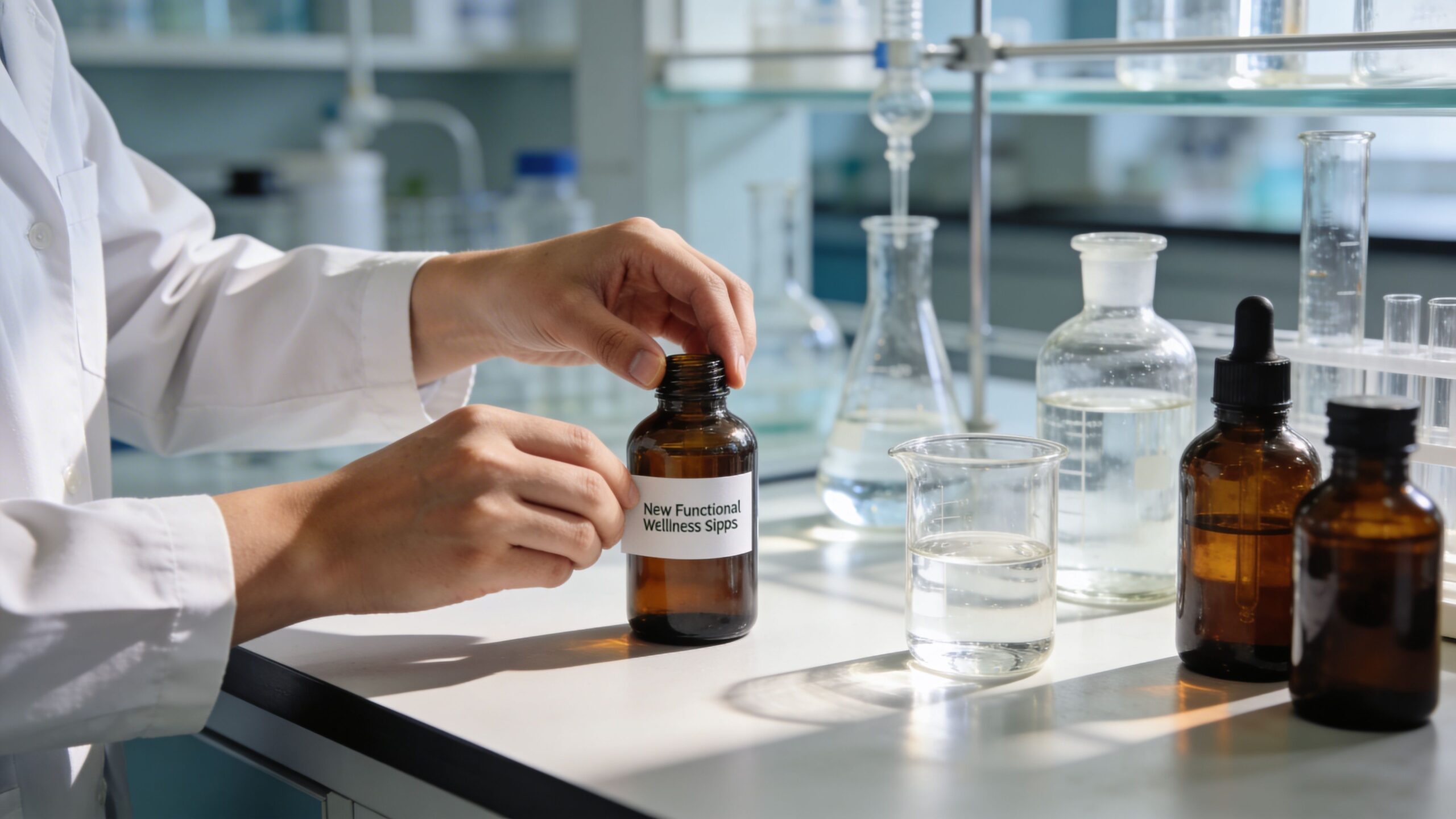A scientist in a laboratory prepares a bottle labeled New Functional Wellness Sipps for acid reflux research.