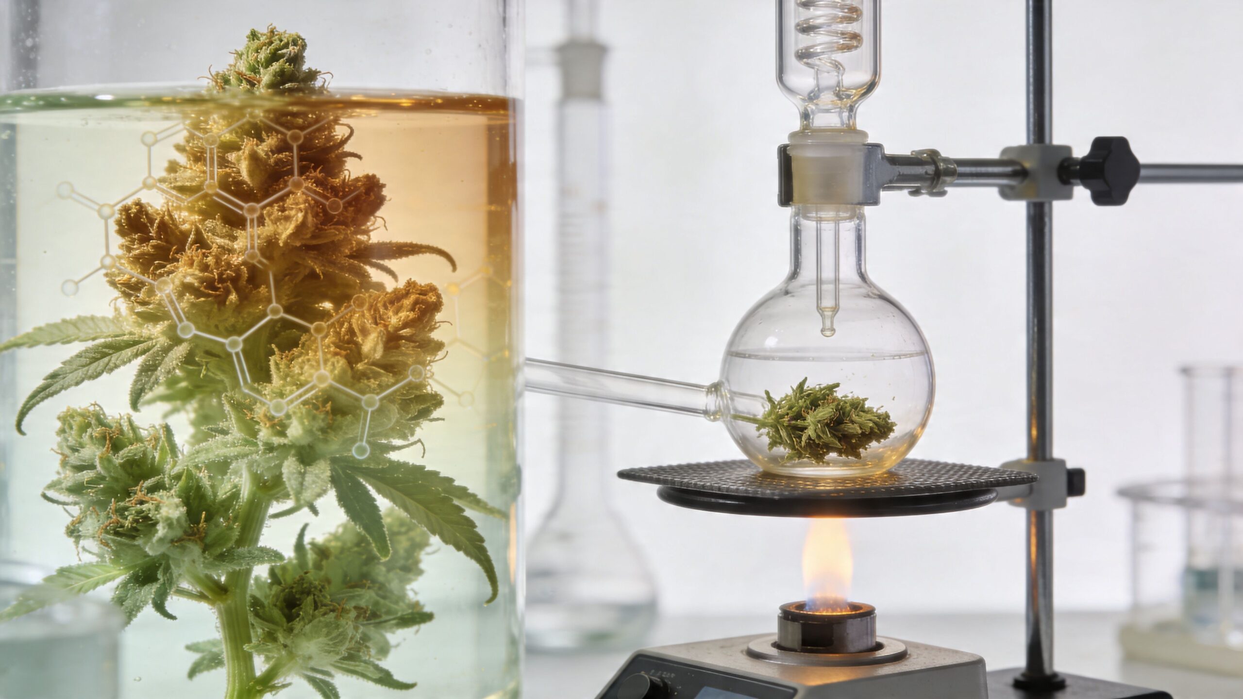A laboratory flask containing cannabis buds being heated with a flame for scientific extraction and distillation purposes.