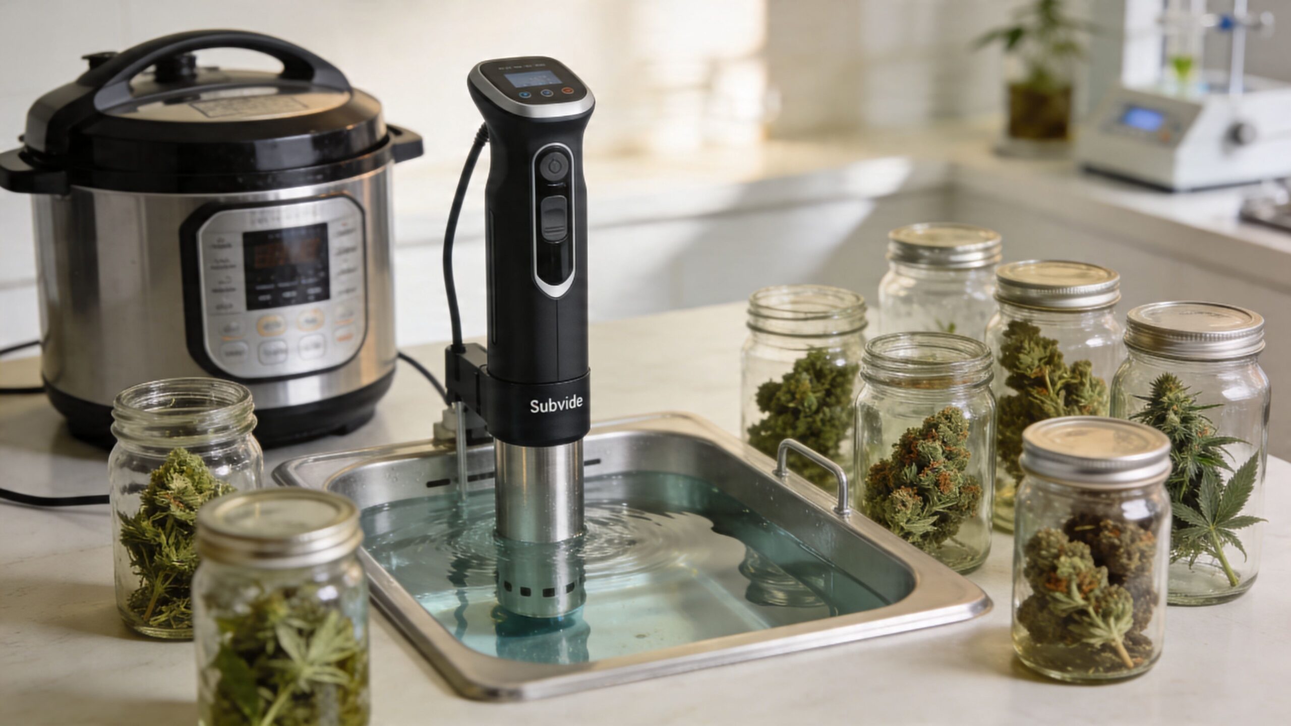 A sous vide immersion circulator sits in a stainless steel water bath alongside mason jars filled with cannabis.