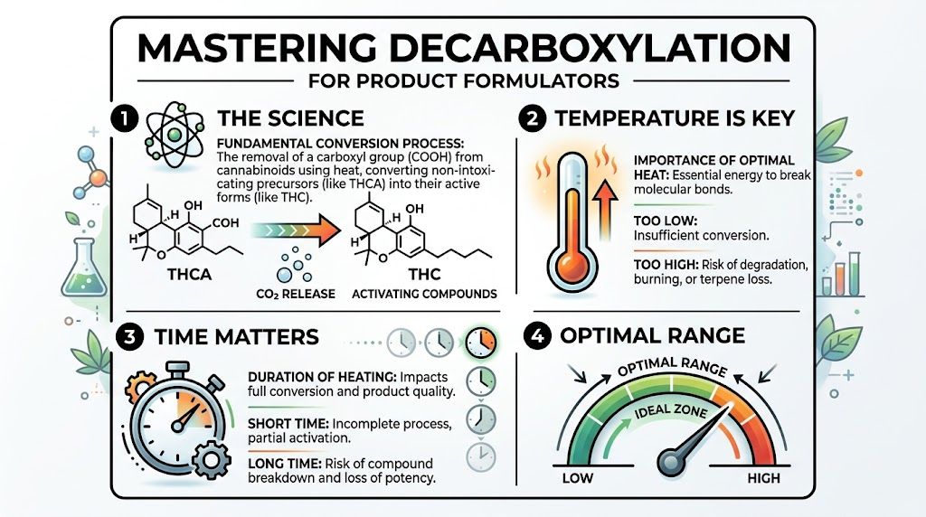 An infographic titled Mastering Decarboxylation explaining the science of activating cannabinoids using heat, time, and temperature control.