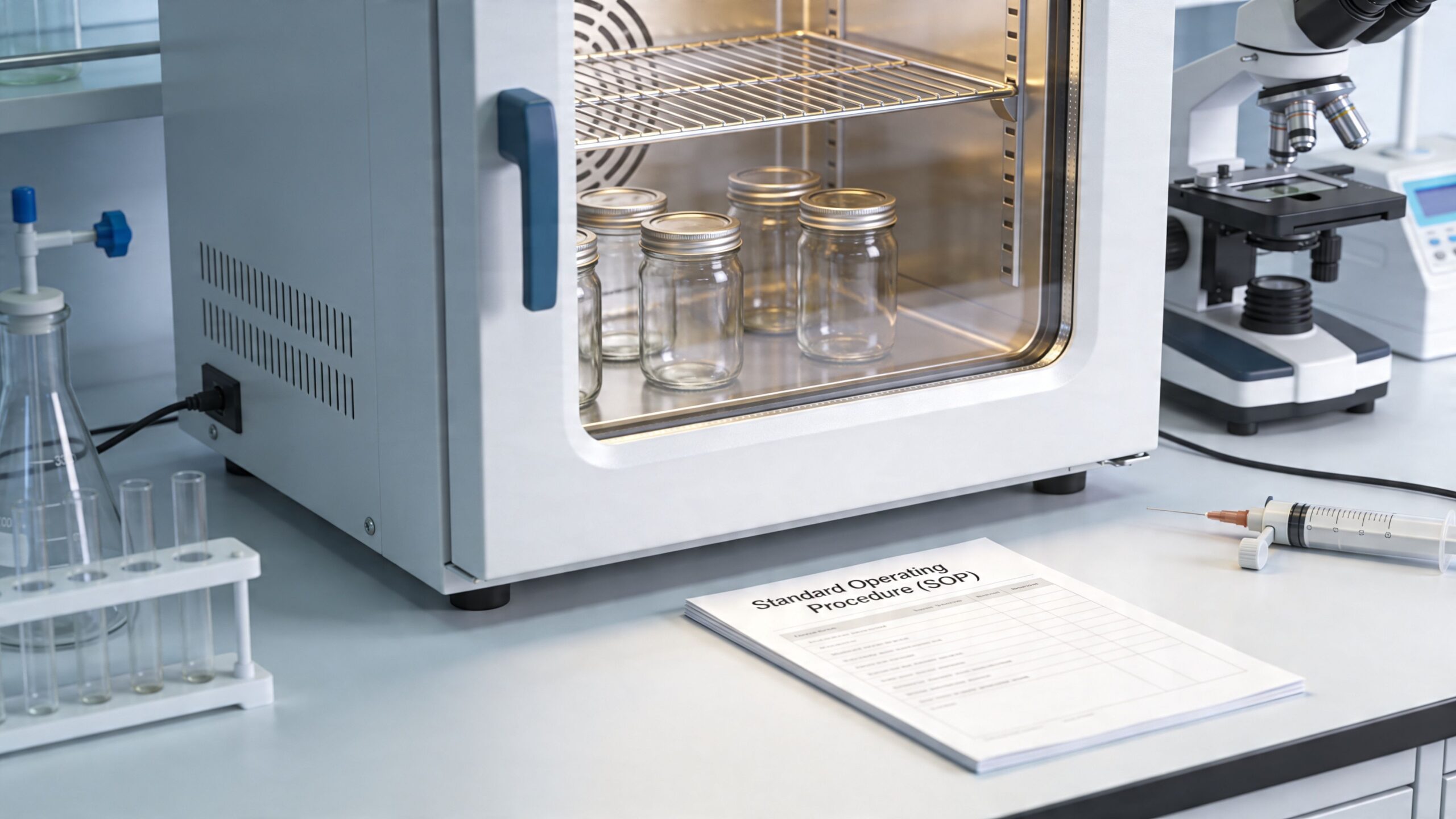 Laboratory setting with a scientific oven containing mason jars, a microscope, and a standard operating procedure document.