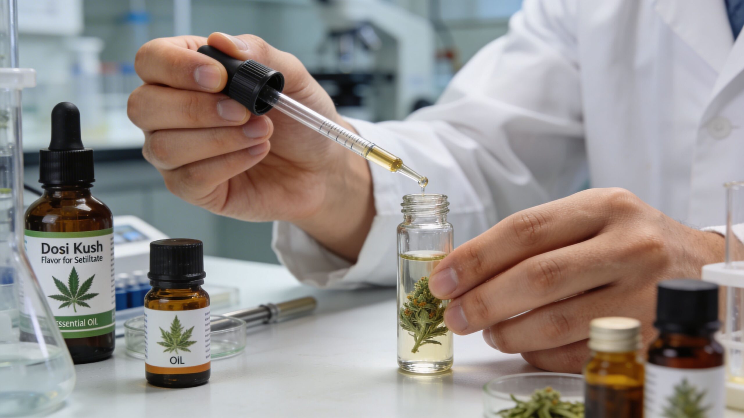 A scientist in a laboratory using a dropper to add cannabis oil to a vial containing a marijuana bud.