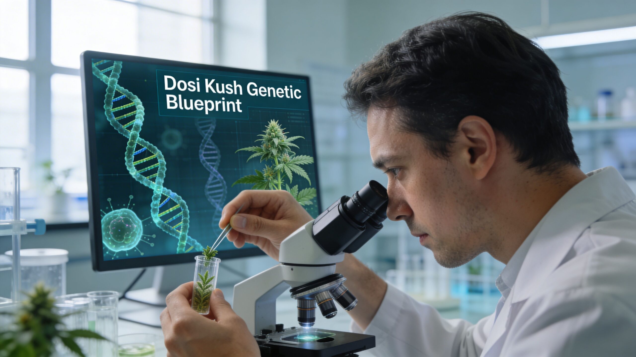 A scientist in a laboratory examines a plant sample with a microscope near a computer monitor display.