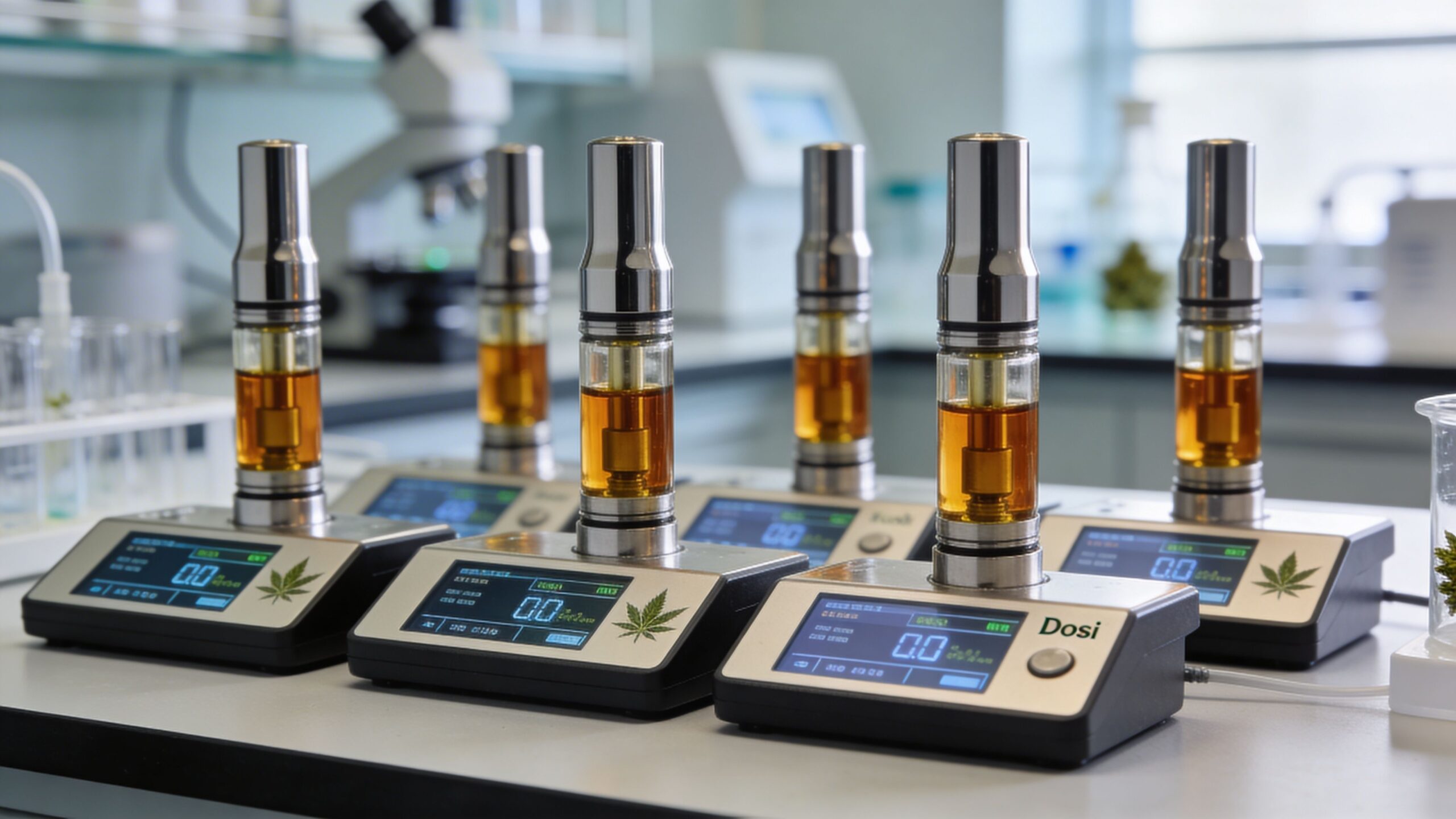 Several laboratory vape cartridges labeled Dosi Kush sit on digital testing scales in a professional facility.