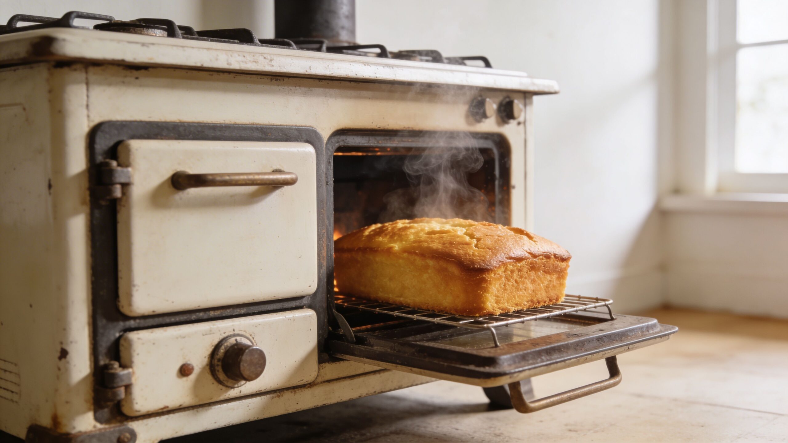 A freshly baked loaf of golden bread cooling on a wire rack inside a vintage oven.