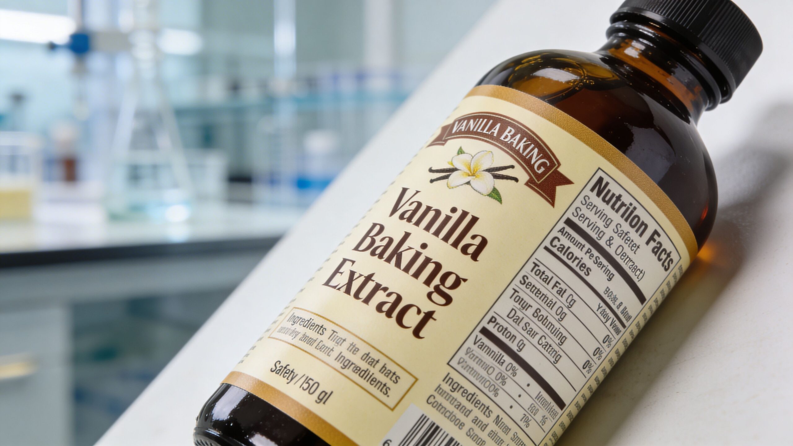 A close-up view of a bottle of vanilla baking extract with a visible nutrition label.