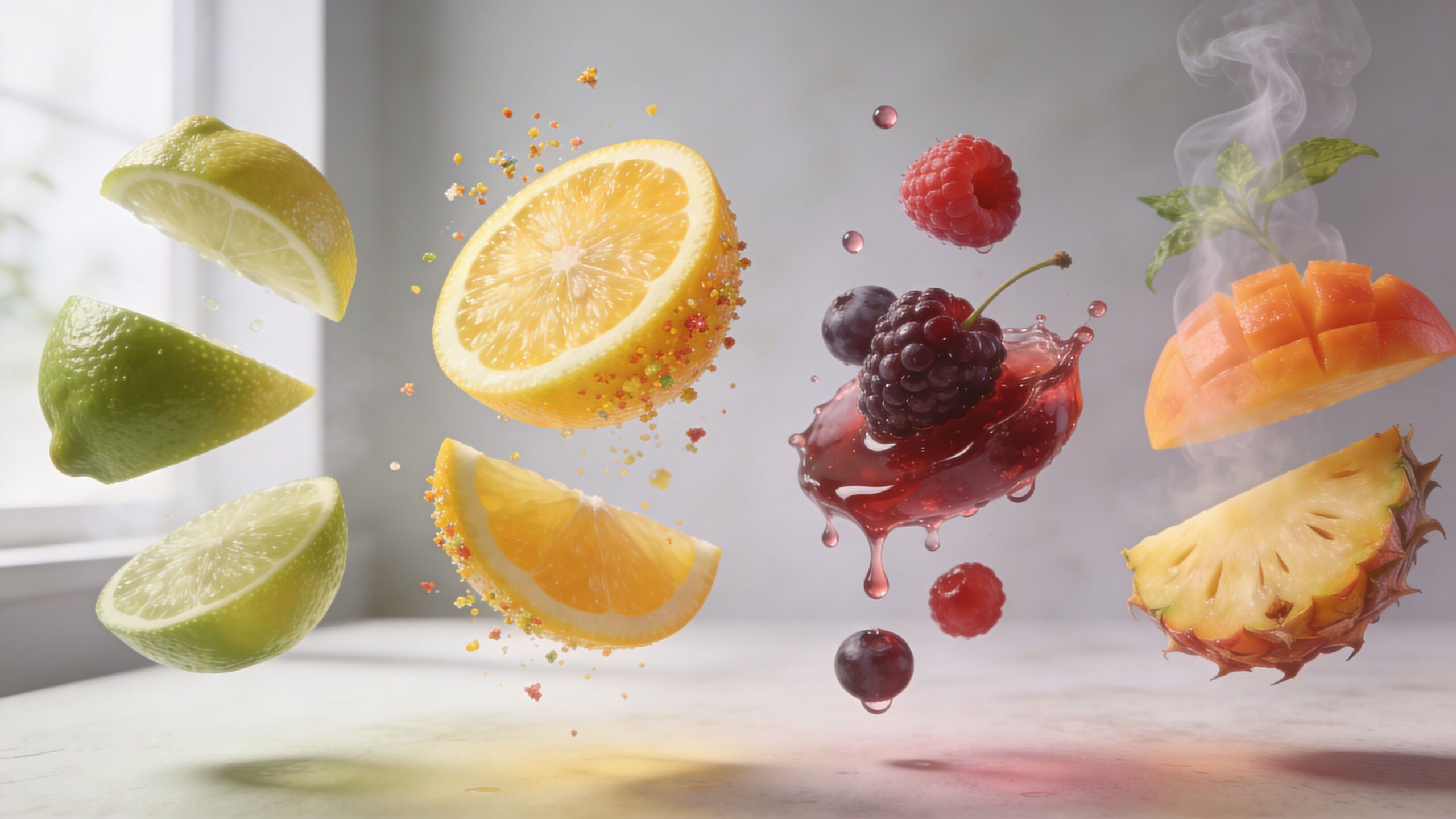 A vibrant assortment of floating fresh citrus, berries, and tropical fruits splashing in a refreshing beverage composition.