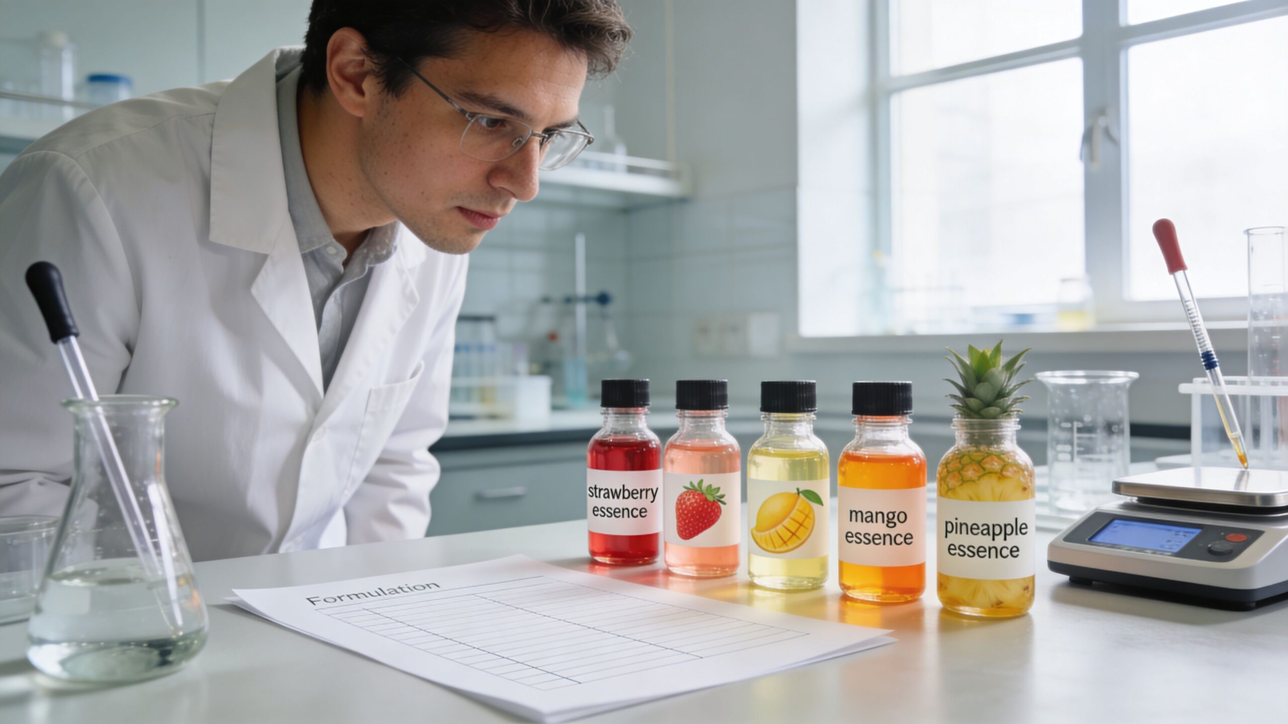 A lab technician examines bottles of fruit-flavored essences intended for a beverage formulation in a laboratory.