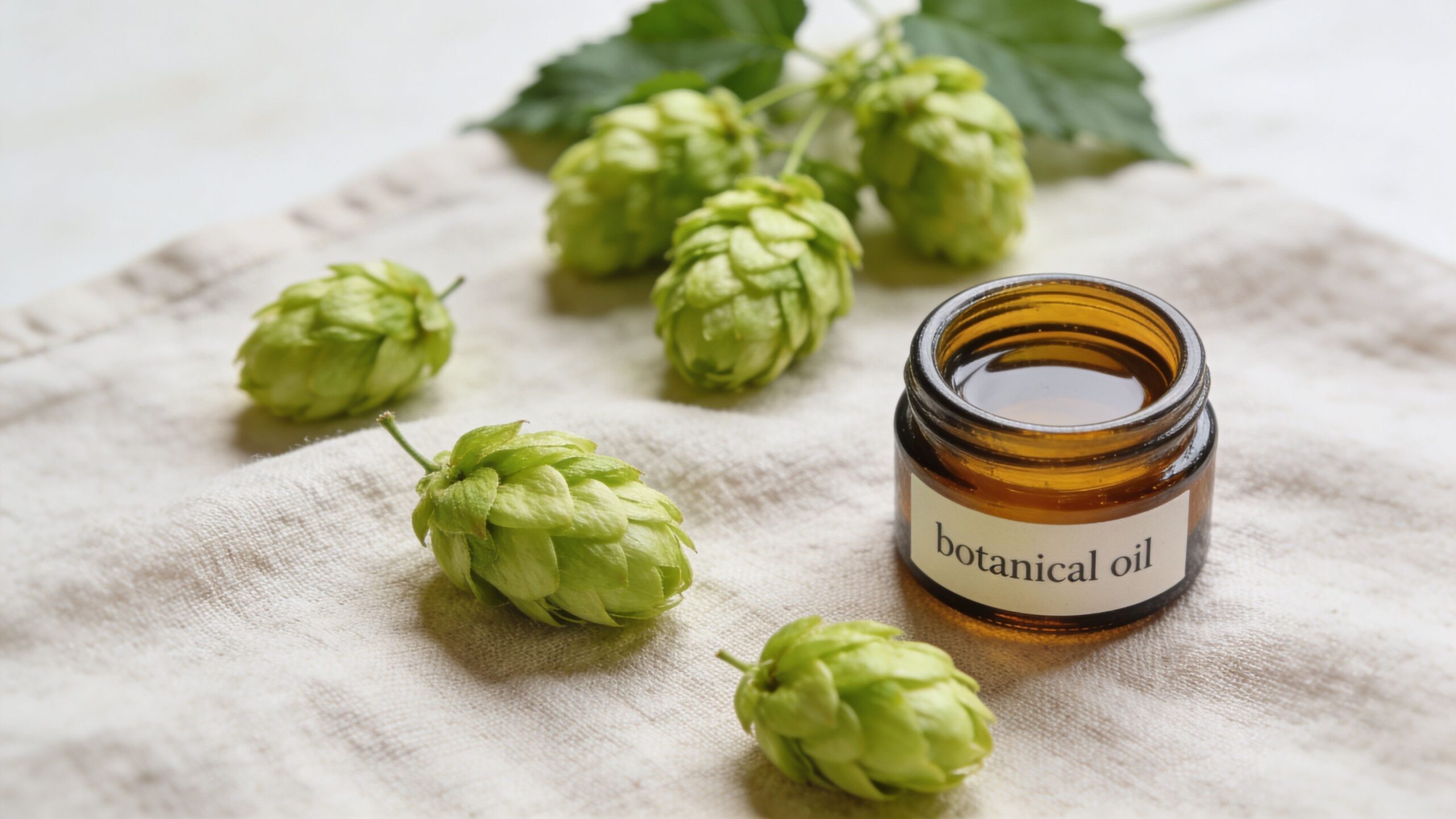 A brown glass jar labeled botanical oil next to several fresh green hop cones on fabric.