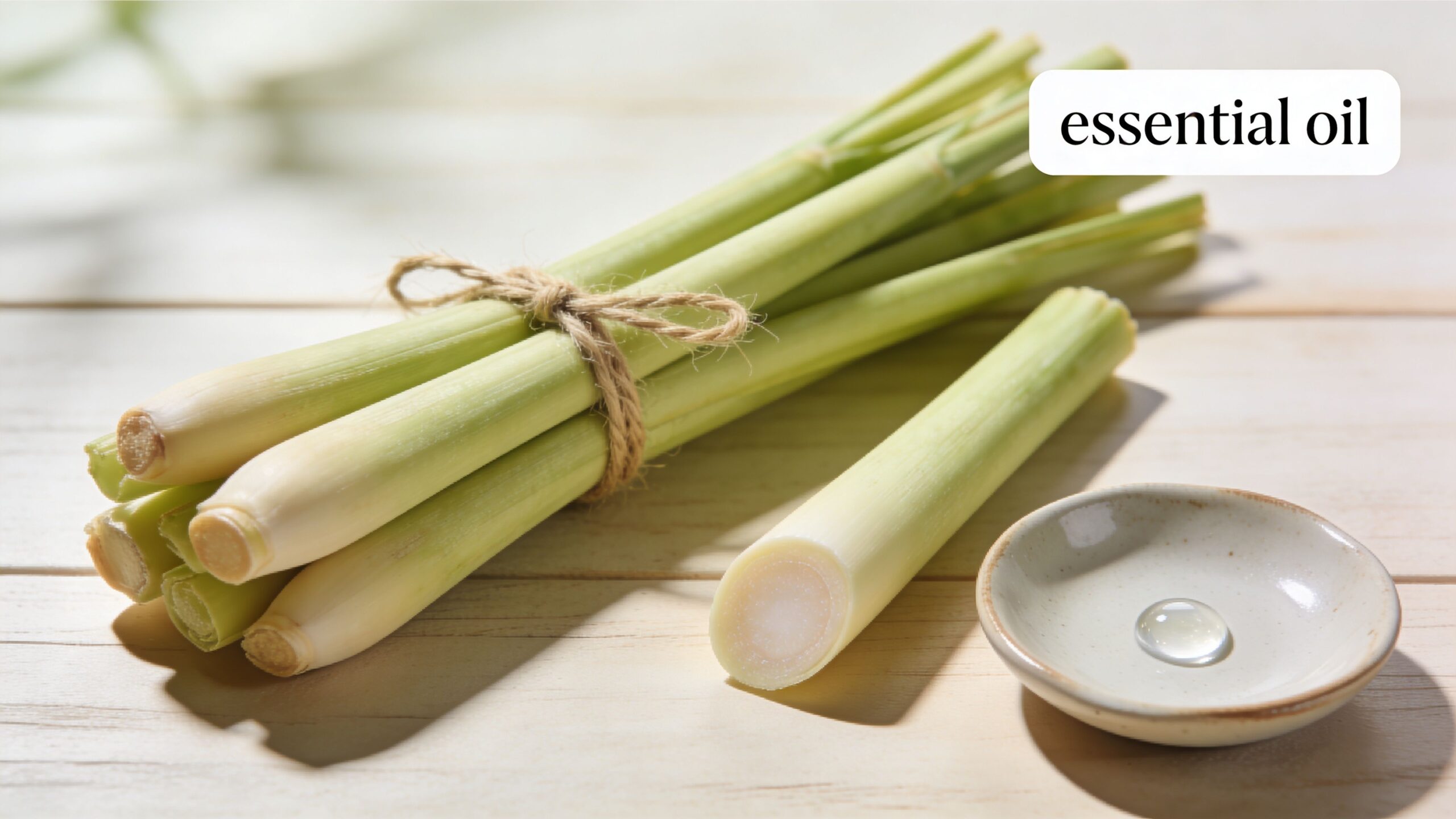 A bundle of fresh lemongrass stalks next to a small dish containing a single drop of essential oil.