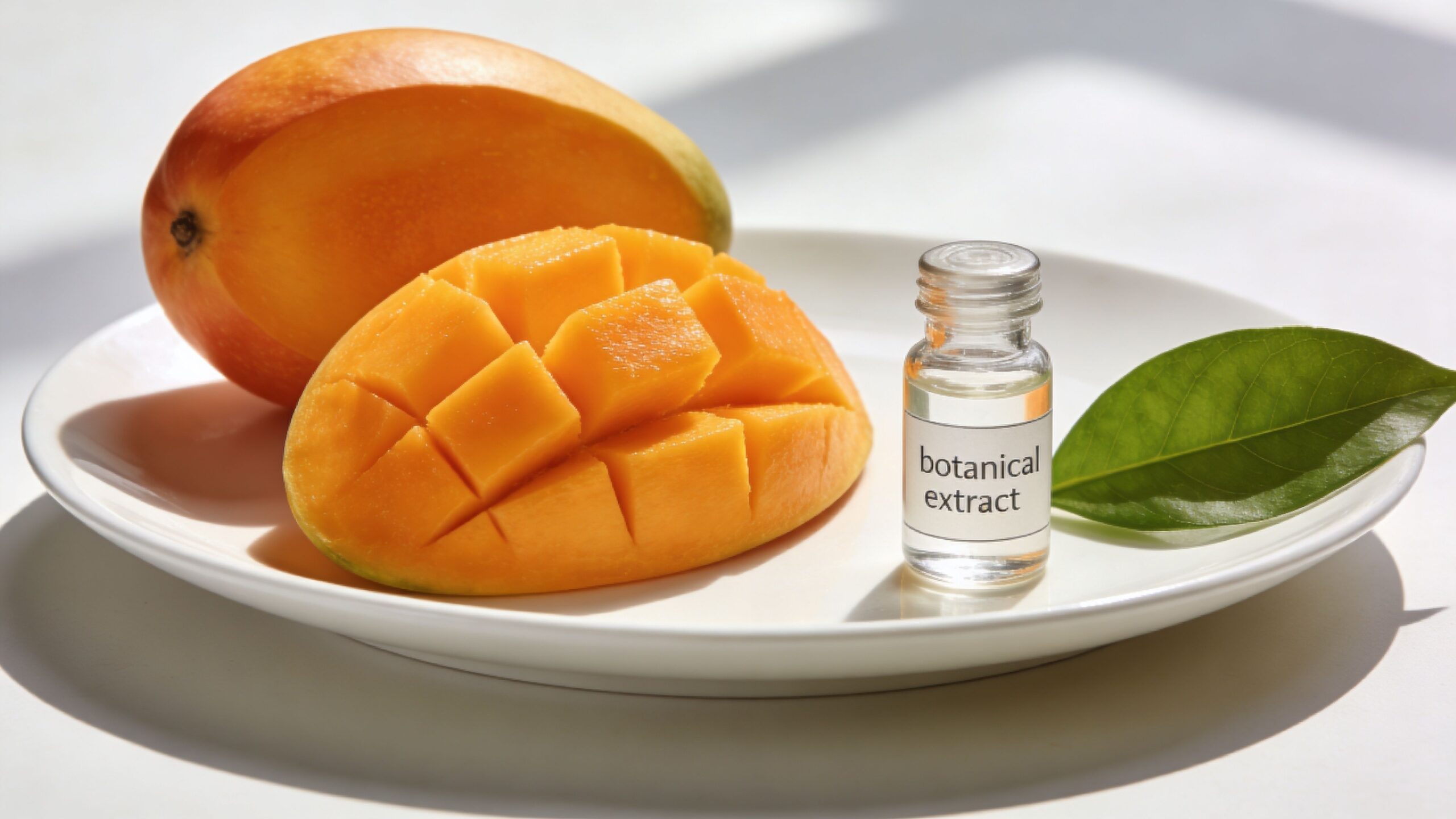 A fresh mango, a diced mango half, and a small glass vial labeled botanical extract on a plate.