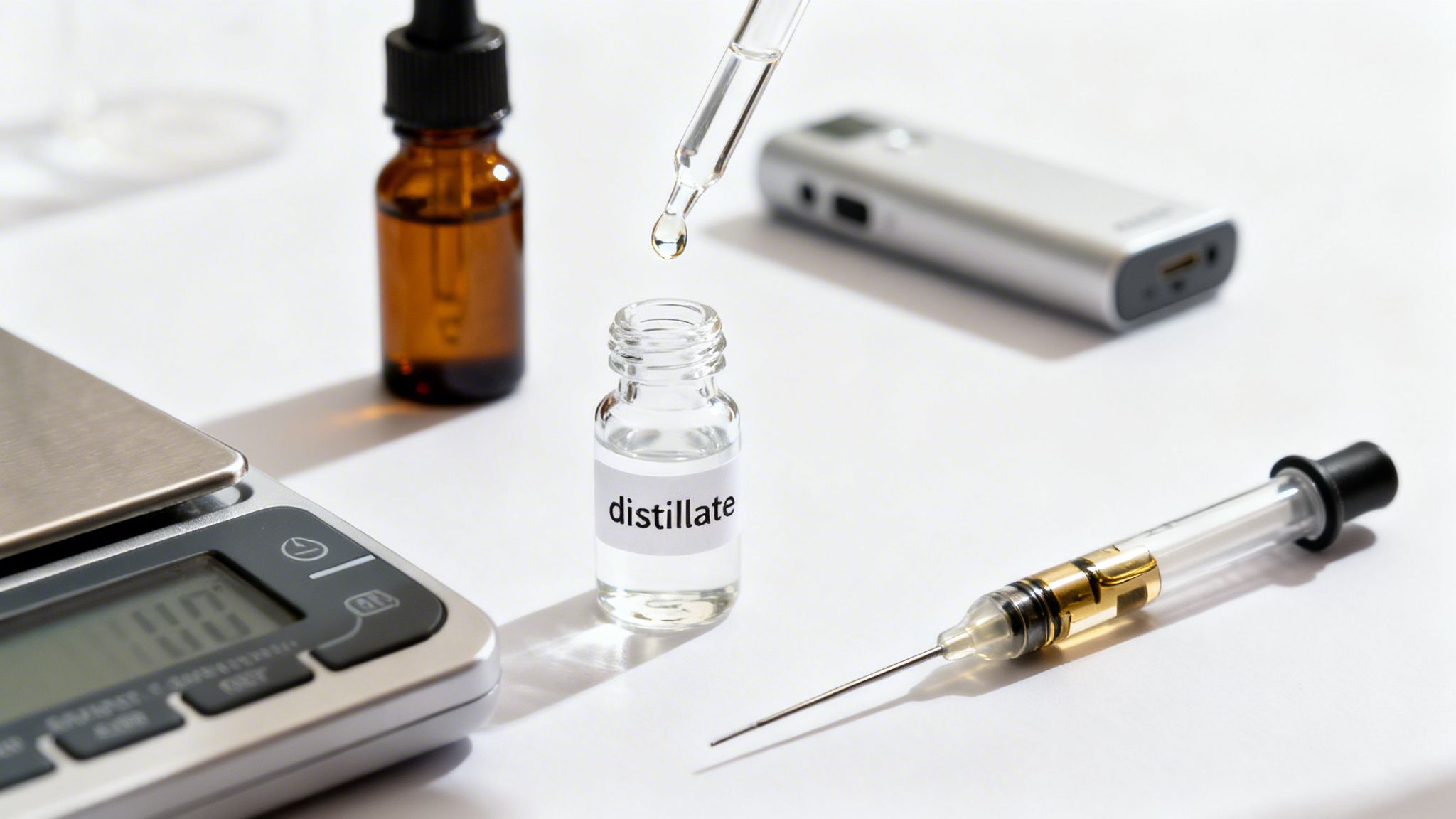 A clear bottle labeled 'distillate' receives a drop from a dropper, surrounded by a scale, syringe, and vape pen.