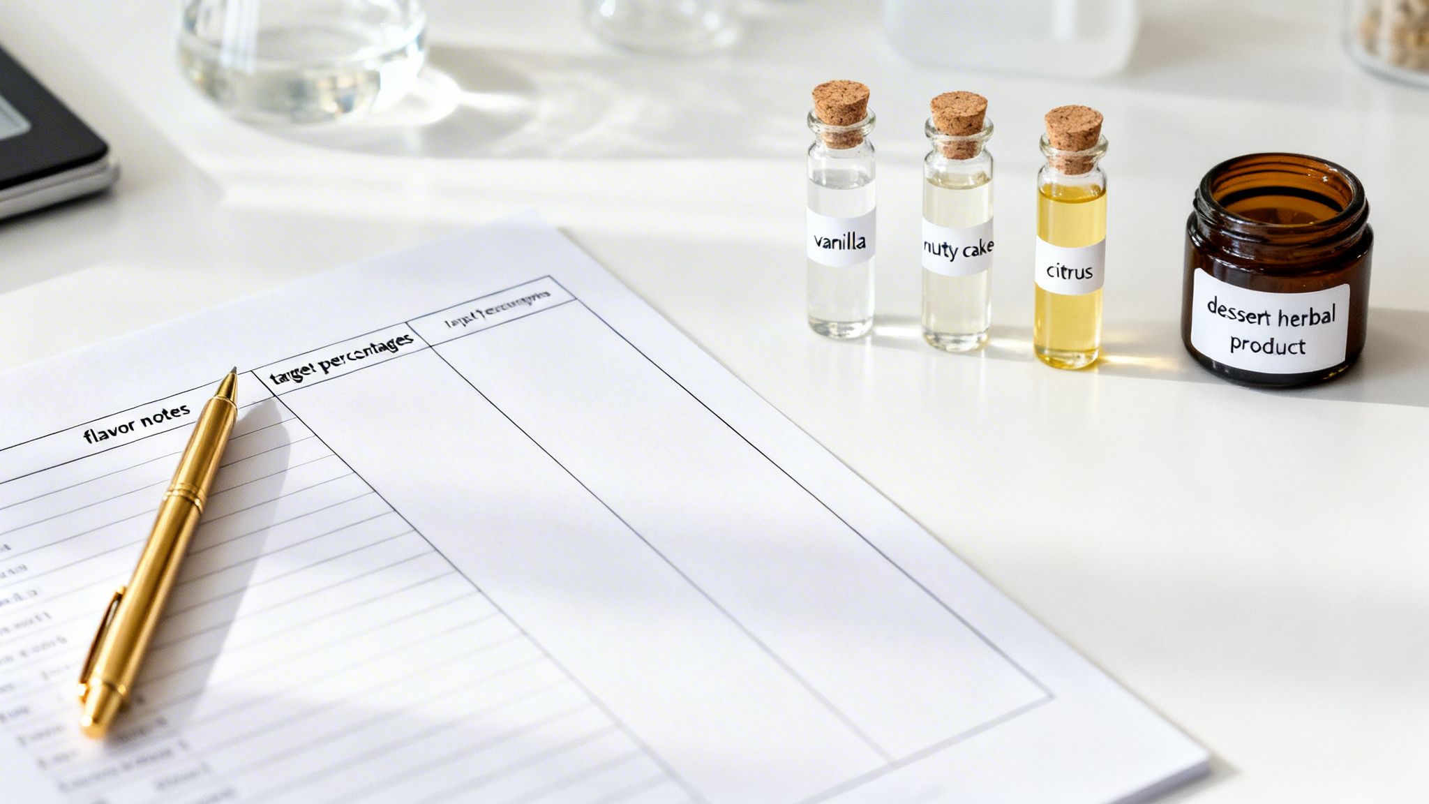 A white desk with a pen, flavor notes sheet, vials of vanilla, nutty cake, citrus, and a dessert herbal product.