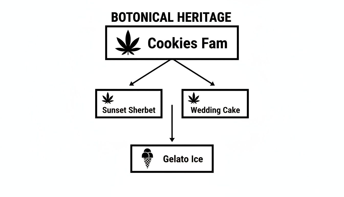Botanical heritage chart showing cannabis strains: Cookies Fam, Sunset Sherbet, Wedding Cake, and Gelato Ice.