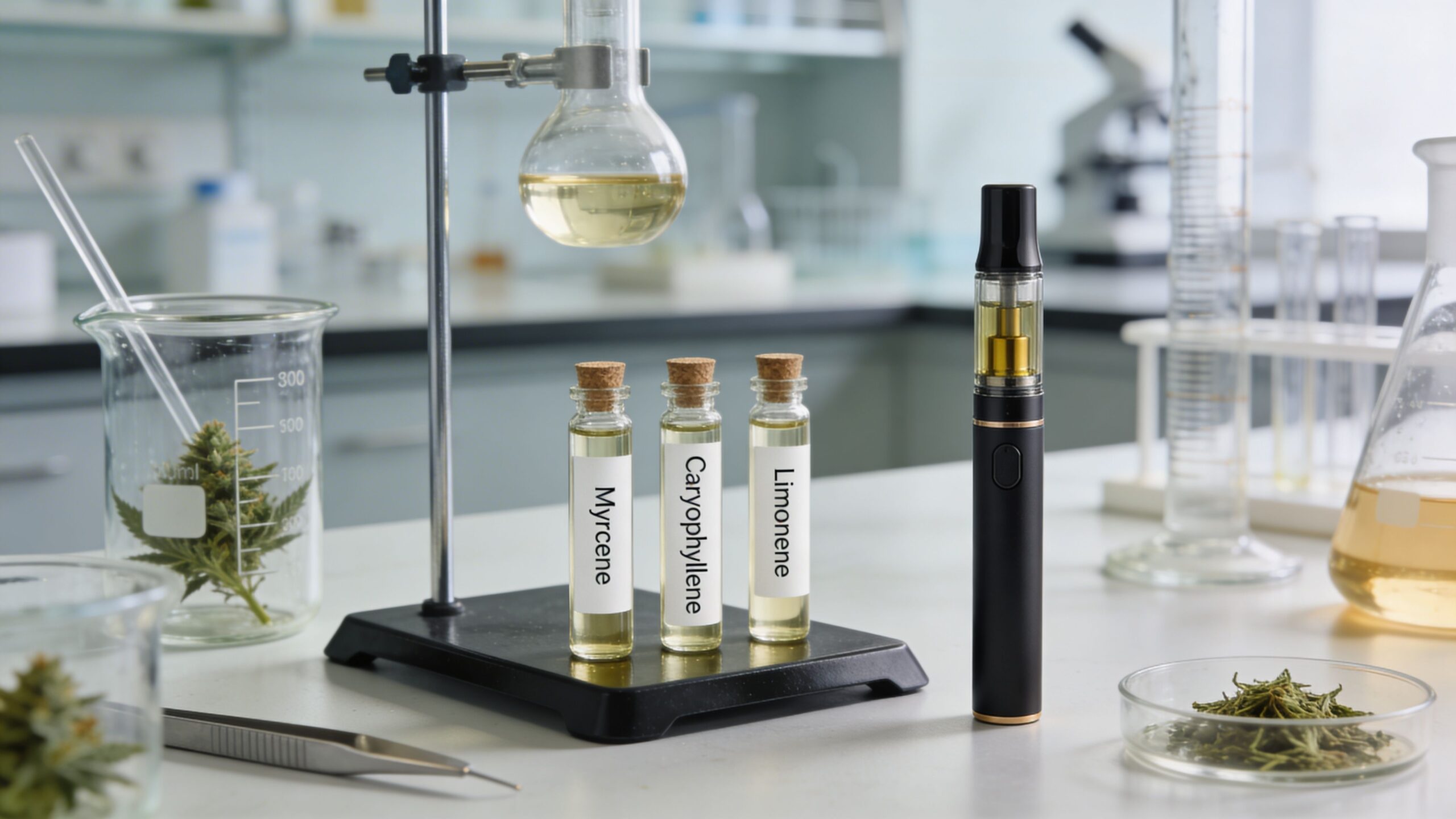 Lab equipment, vape pen, and cannabis plant samples arranged on a table for scientific cannabis research.