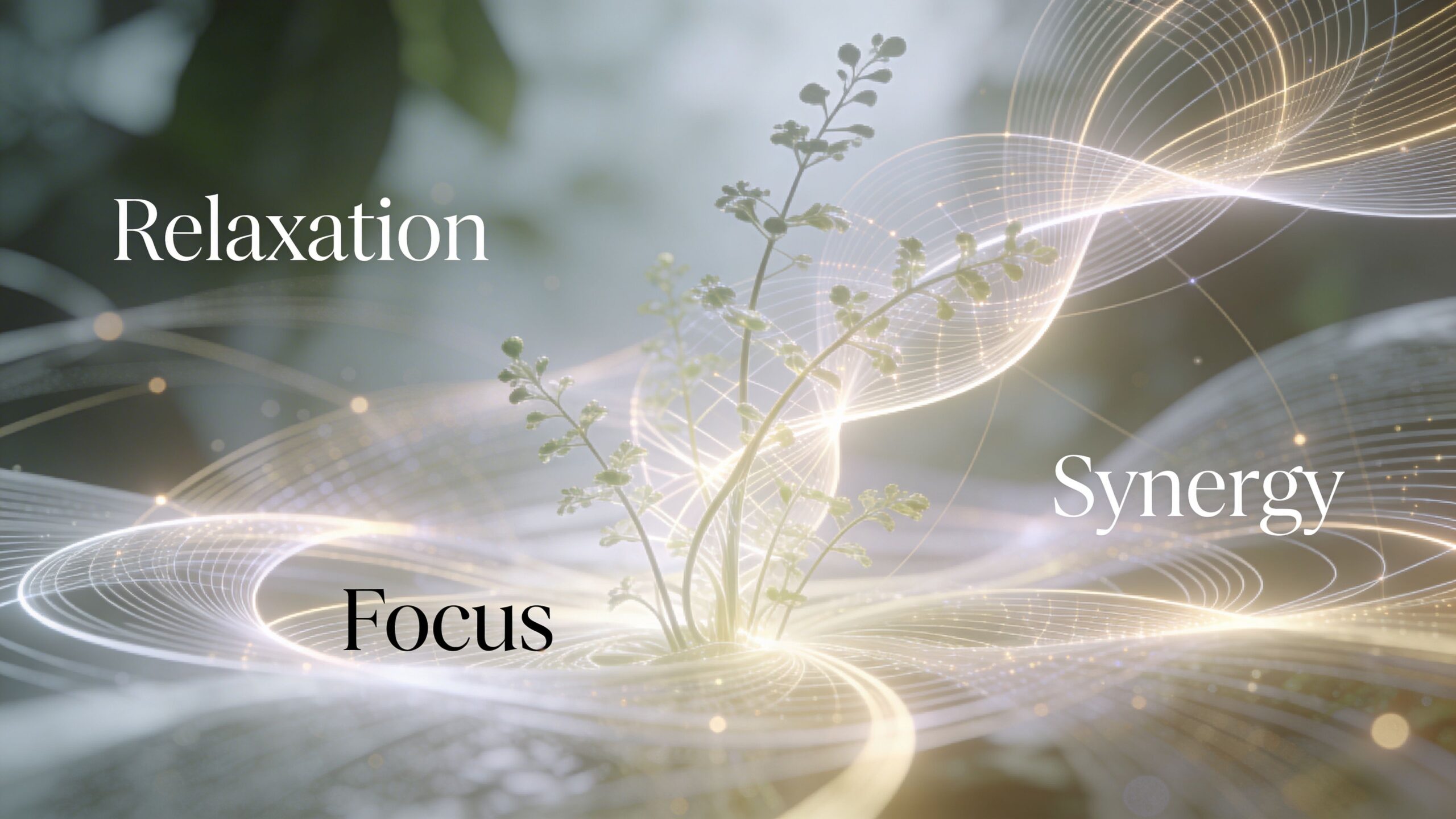 A delicate plant growing from swirling light trails with floating words Relaxation, Focus, and Synergy overlaid.