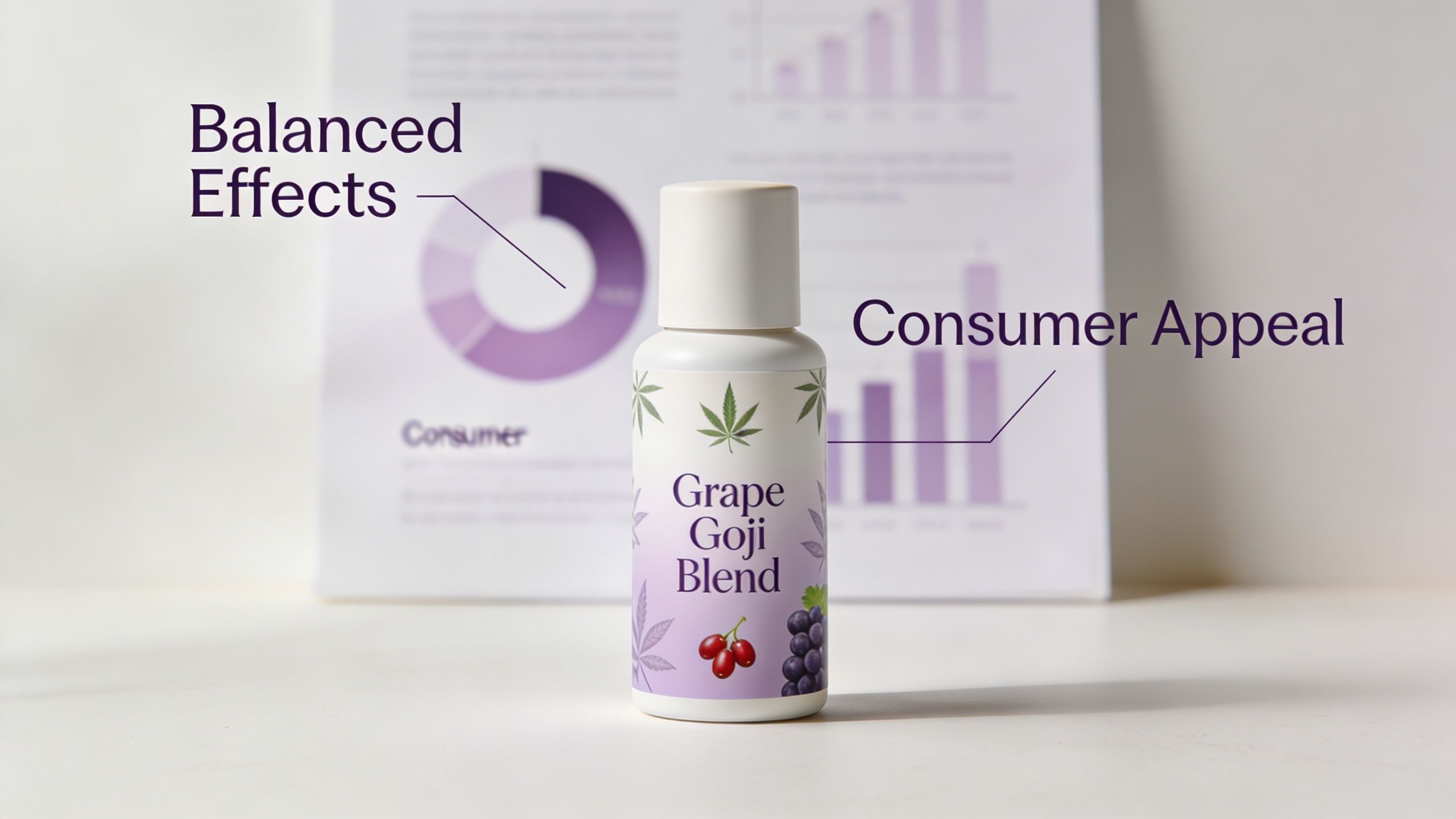 A bottle of Grape Goji Blend cannabis product positioned in front of business data charts.