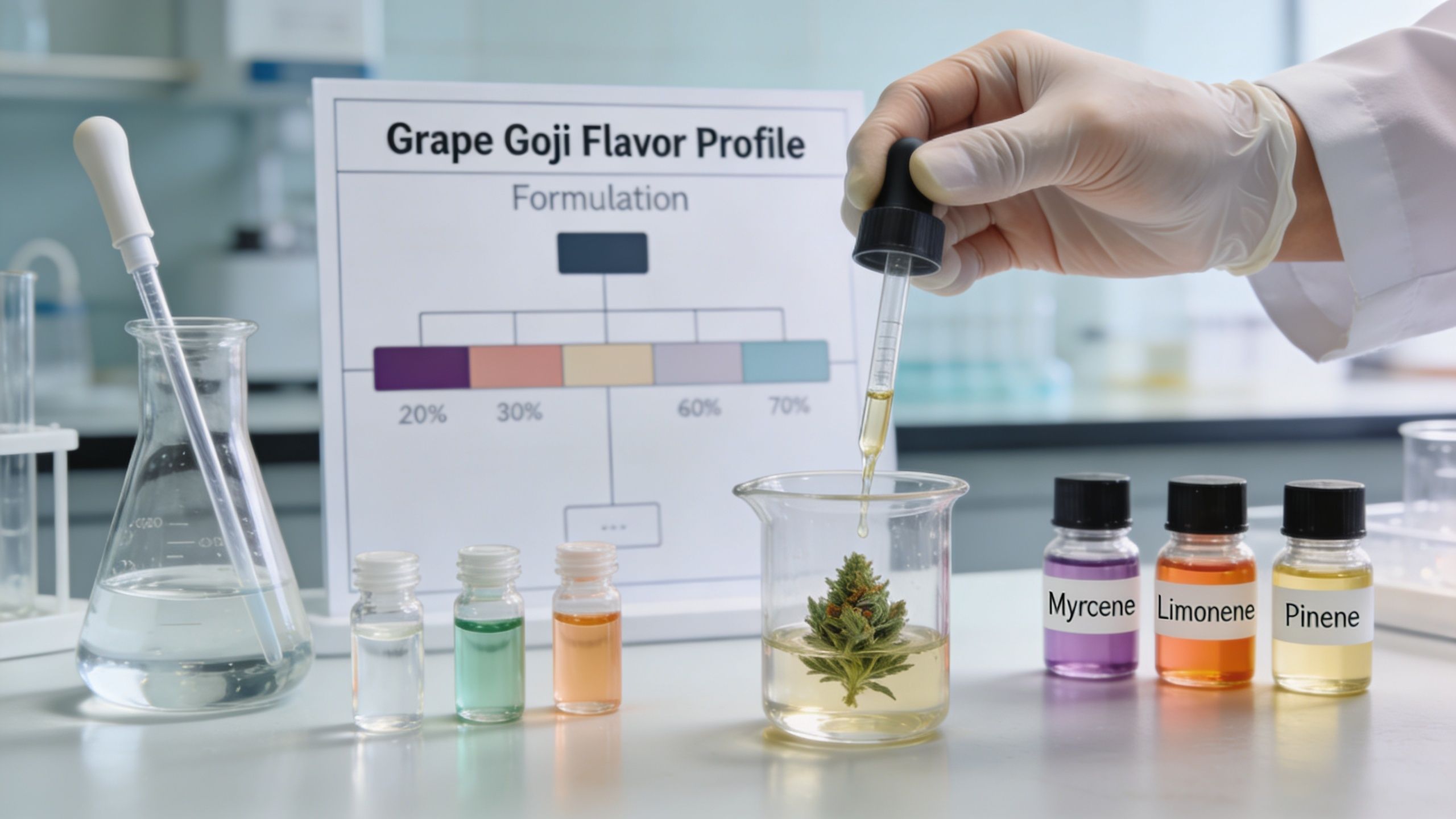 A gloved scientist adds essential oils to a beaker containing a cannabis bud in a lab setting.