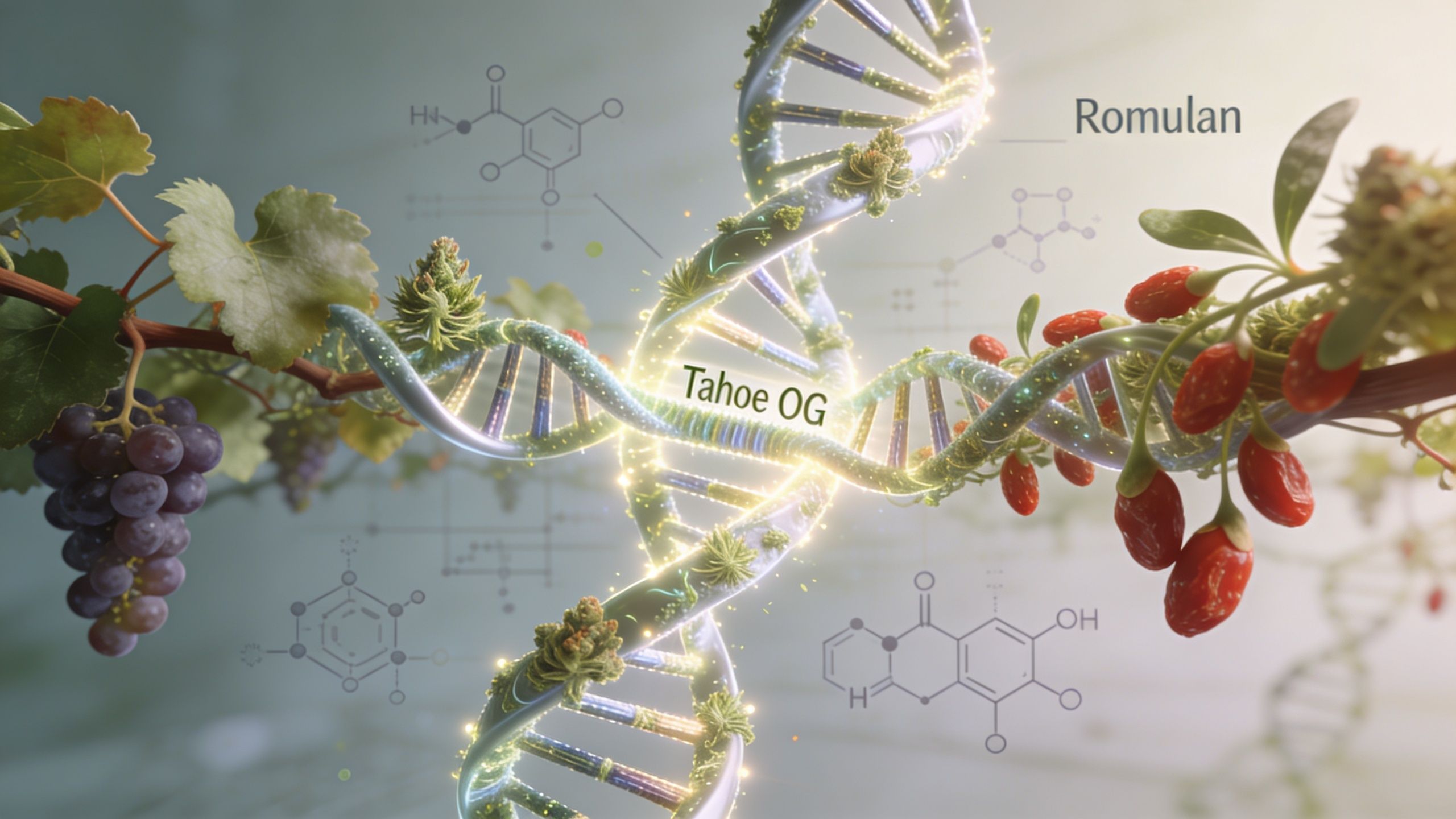 A 3D render of a DNA strand intertwined with grape and goji berry vines labeled Tahoe OG and Romulan.