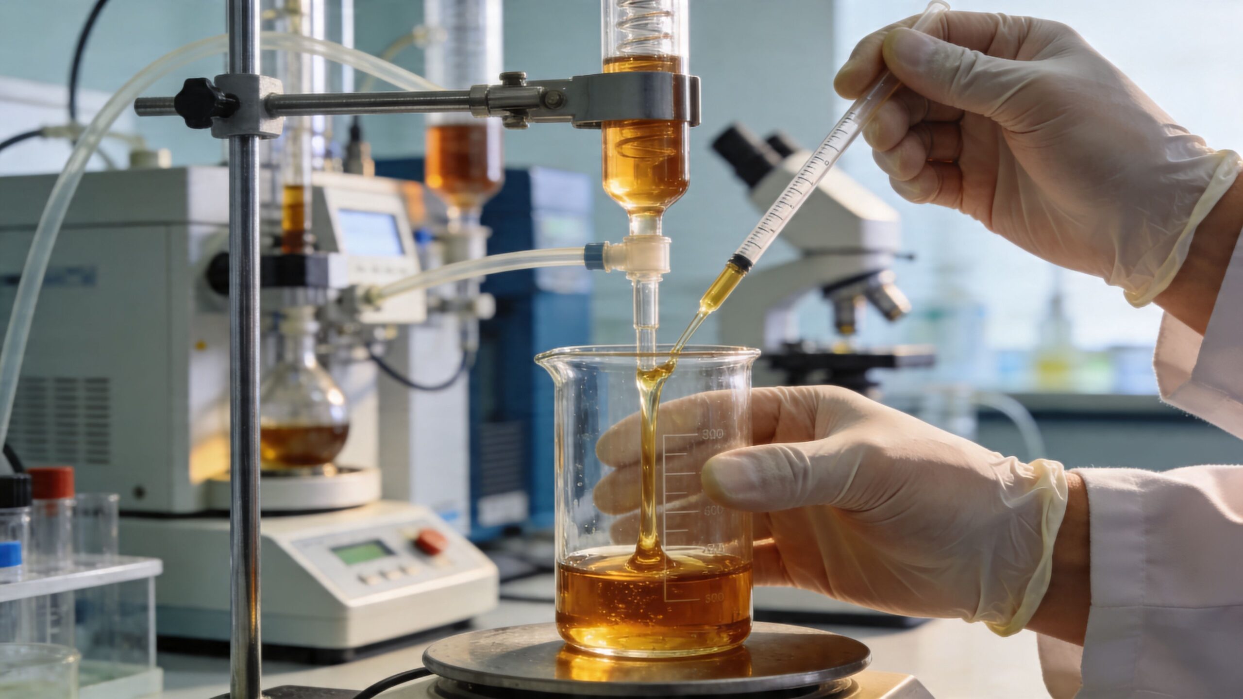 A scientist in a laboratory uses a pipette to dispense amber-colored liquid into a glass beaker.