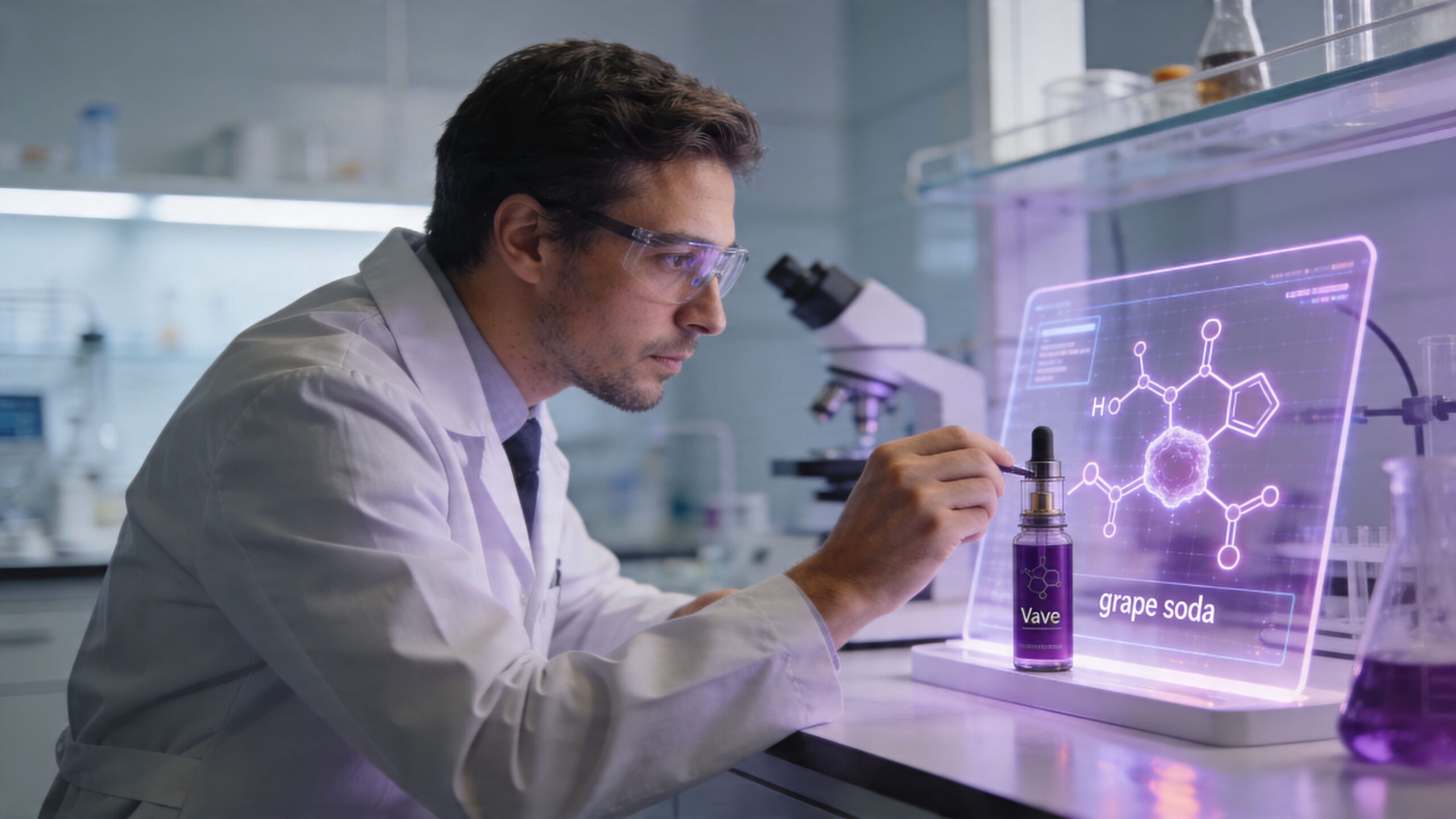 A scientist in a laboratory inspects a grape soda flavored vape bottle with a holographic molecular structure.