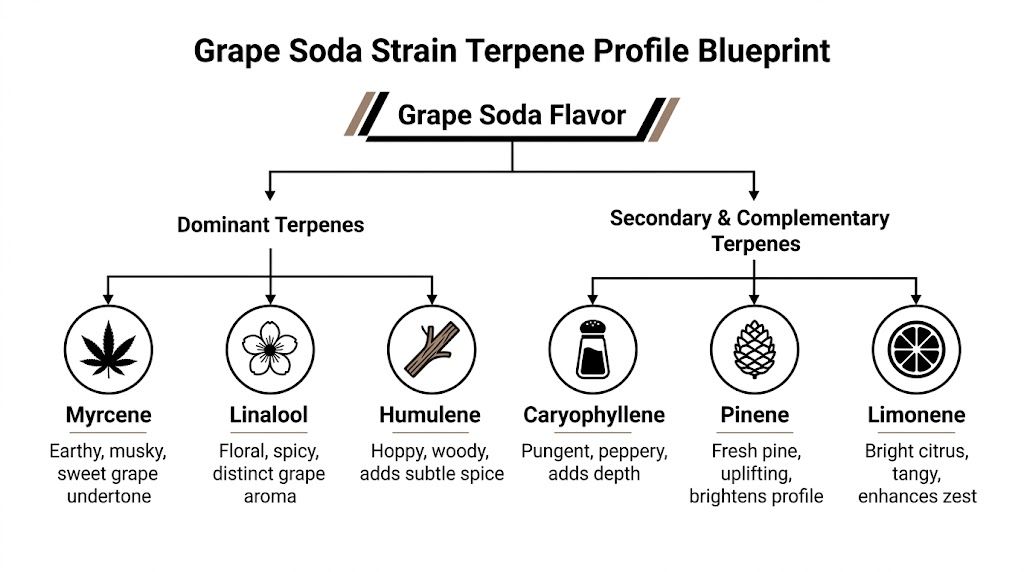 A diagram illustrating the dominant and secondary terpene profile of the Grape Soda cannabis strain.