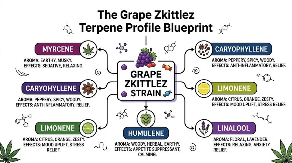 A detailed infographic titled Grape Zkittlez Strain Terpene Profile Blueprint showing various terpenes and their effects.