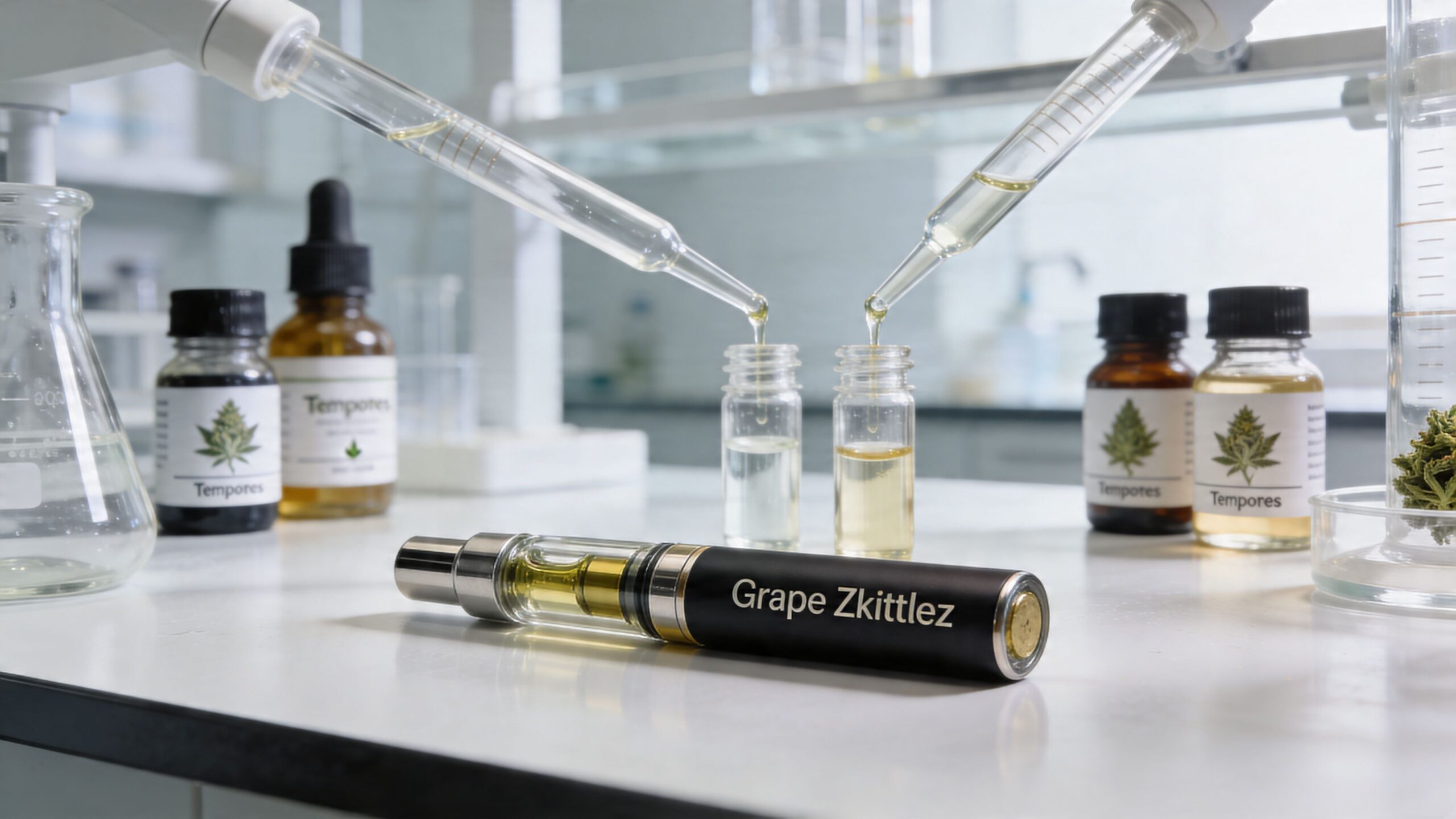 Lab equipment dispensing oils into small glass vials near a Grape Zkittlez vape cartridge on a table.