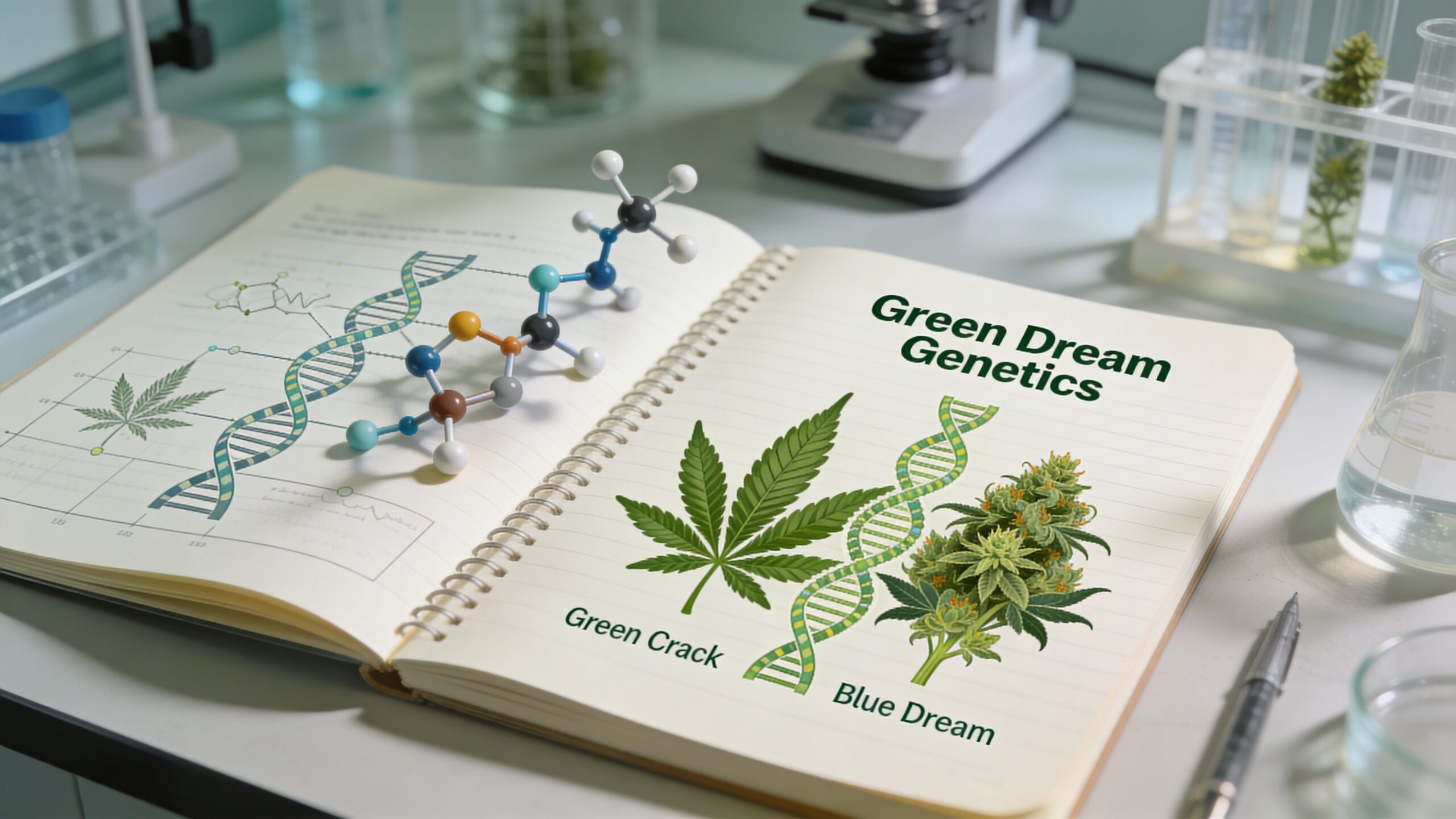 A laboratory notebook titled Green Dream Genetics features illustrations of cannabis plants and DNA strands on a desk.