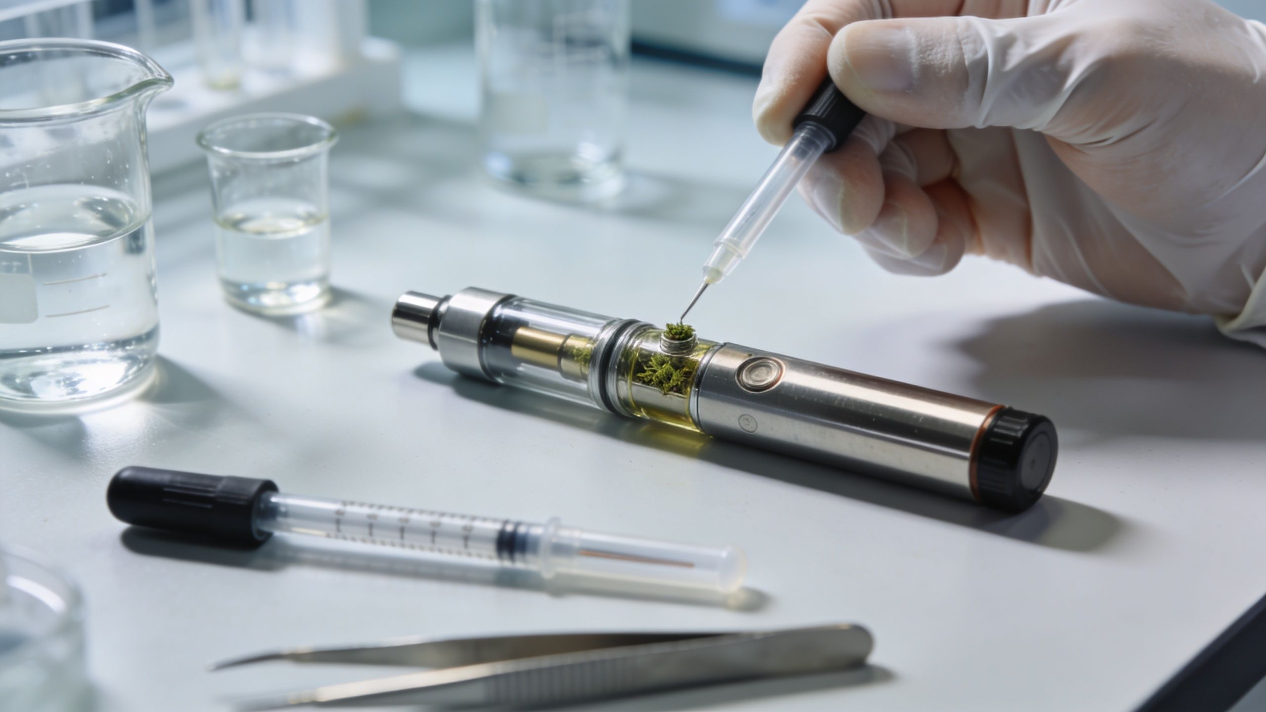 A gloved scientist uses a dropper to place plant material into a metallic vape pen in a laboratory.