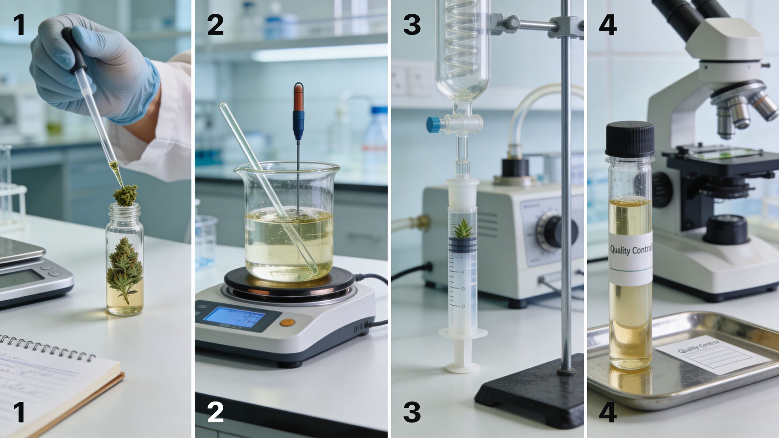 A lab scientist performs quality control testing on guava gelato strain cannabis samples using various laboratory equipment.