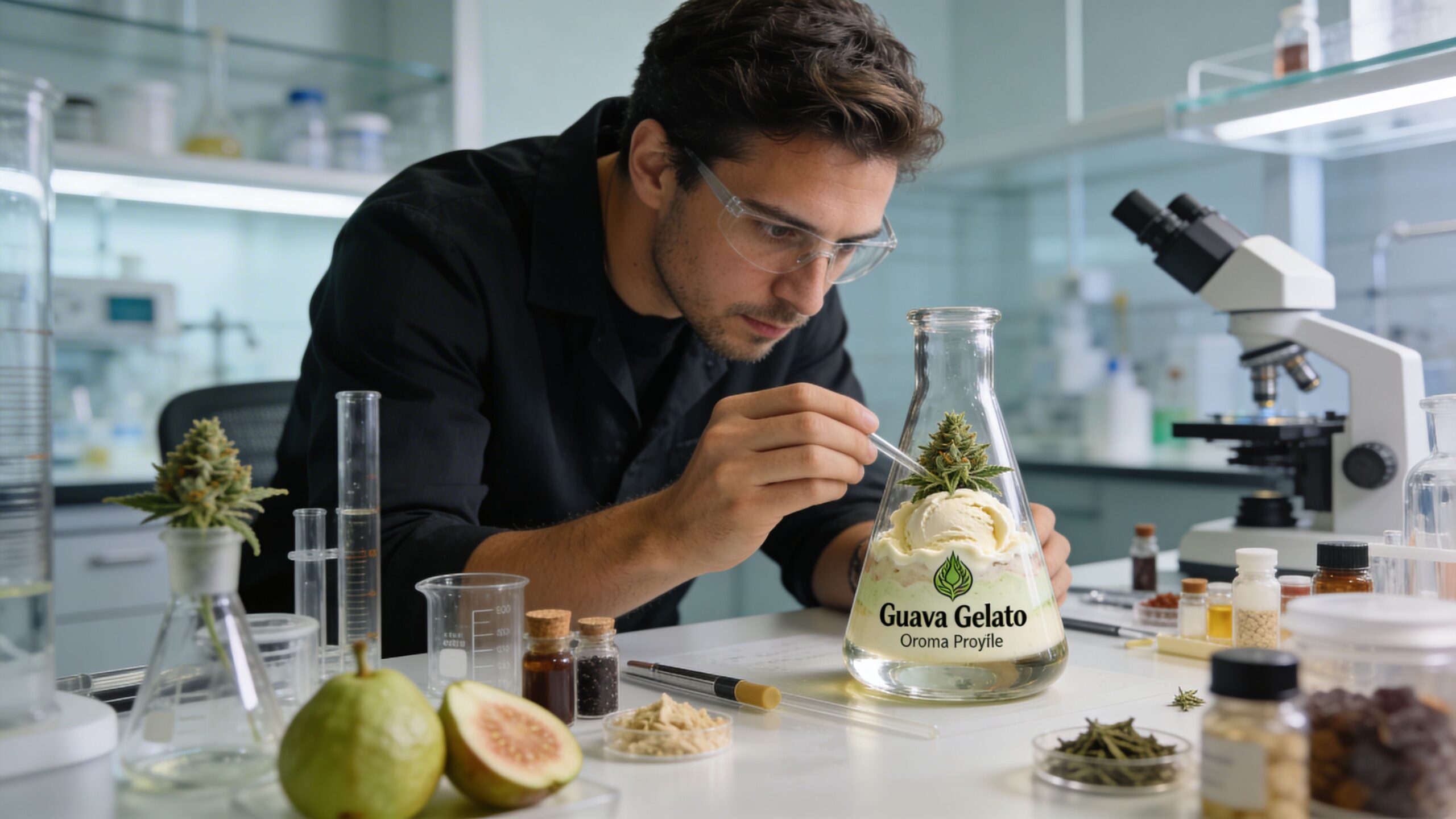 A lab scientist examines a Guava Gelato cannabis strain sample inside a laboratory beaker filled with ice cream.