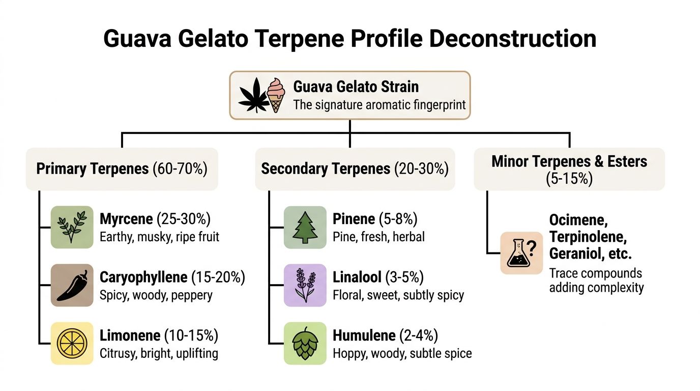 A detailed infographic showing the terpene profile deconstruction of the Guava Gelato cannabis strain.