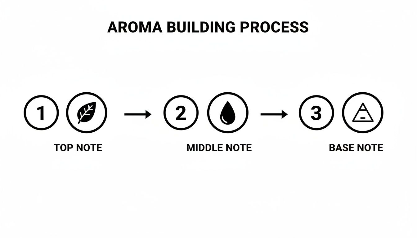 A diagram illustrating the fragrance aroma building process through top, middle, and base notes.