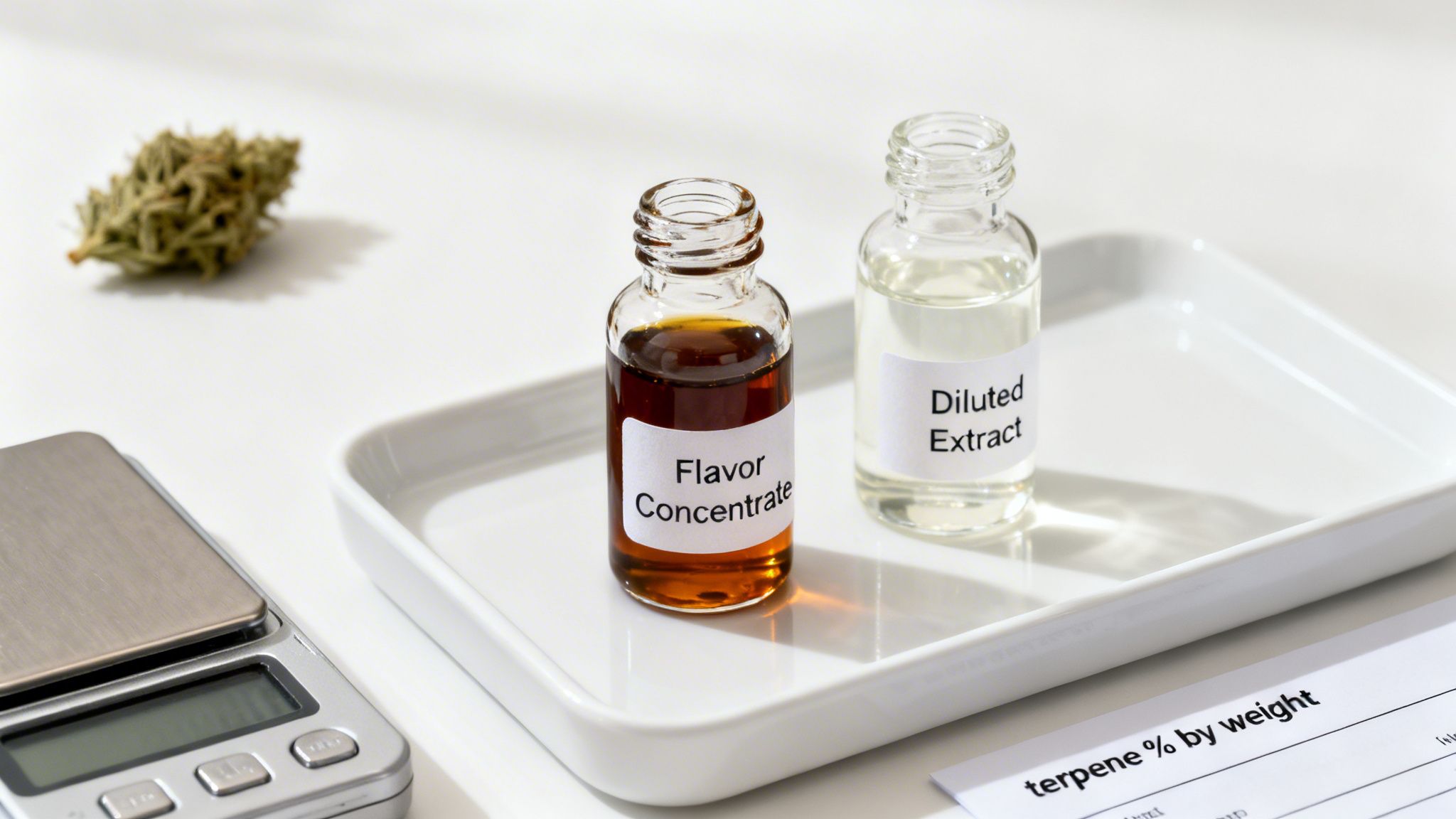 Close-up of cannabis flavor concentrate and diluted extract bottles with scale and terpene data.