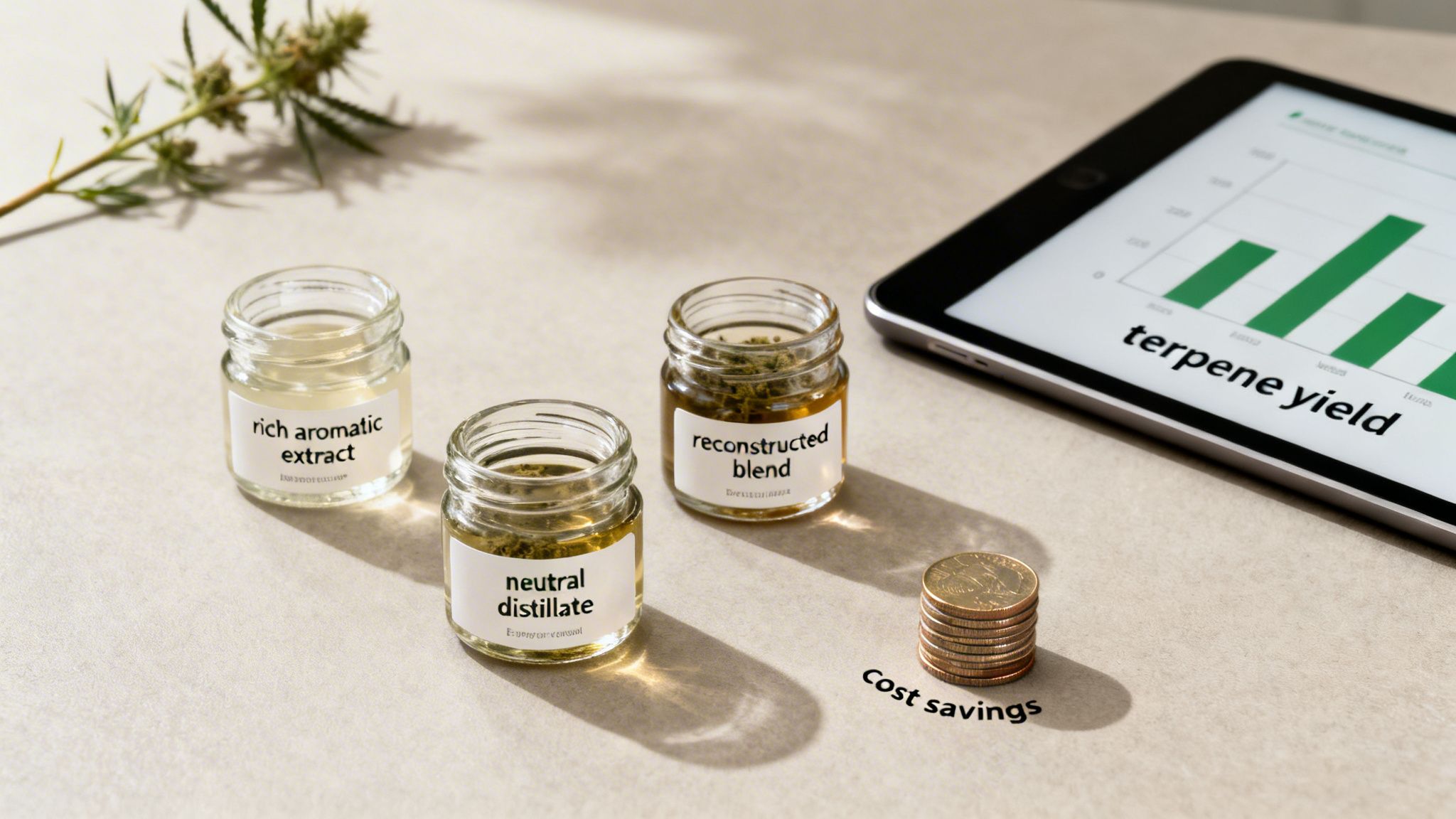 Jars of cannabis extracts, distillates, and blends, a tablet showing terpene yield, and stacked coins.