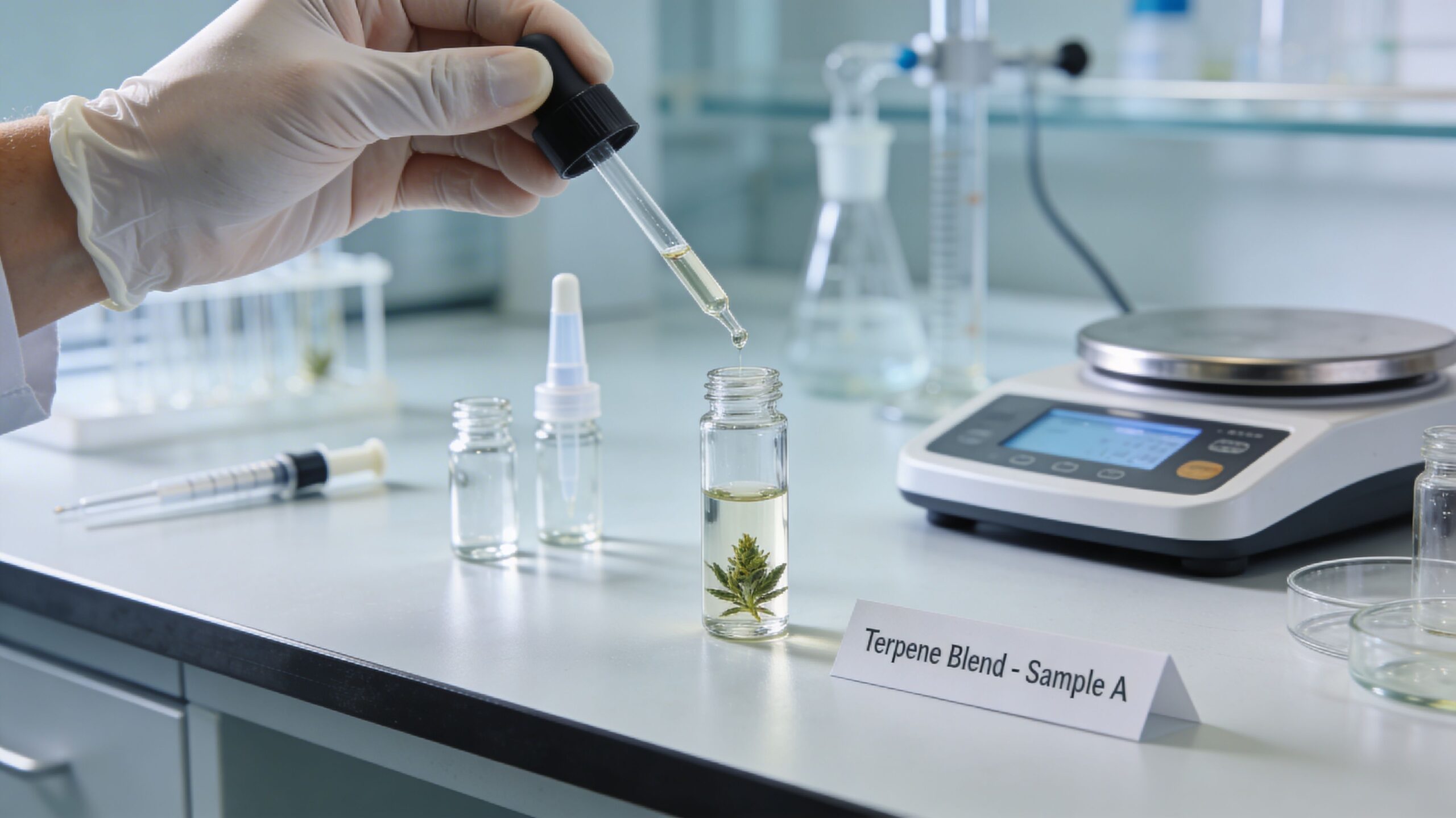 A lab technician uses a pipette to add liquid extract to a cannabis flower sample.
