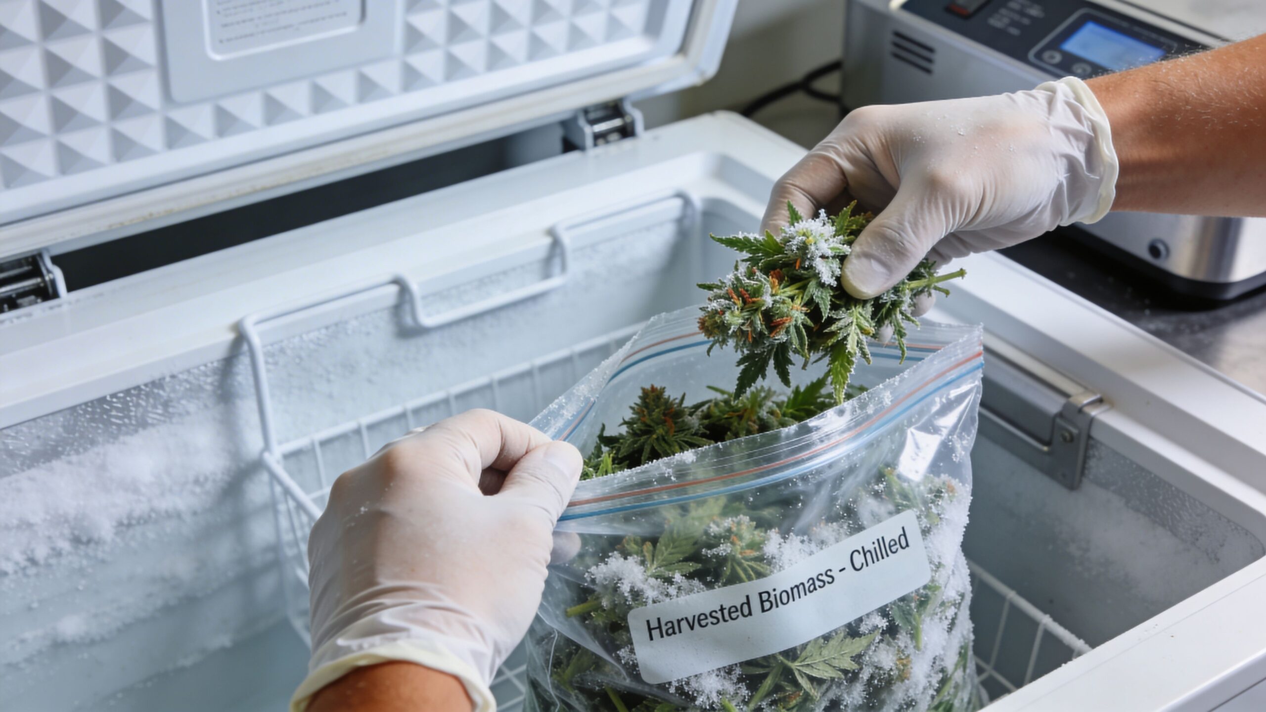 A person wearing gloves placing frozen cannabis buds into a plastic storage bag inside a freezer.