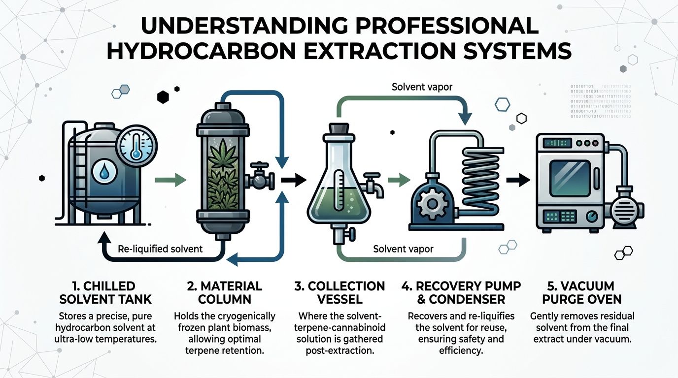 A technical infographic illustrating the five-step process of a professional hydrocarbon extraction system used for botanical processing.
