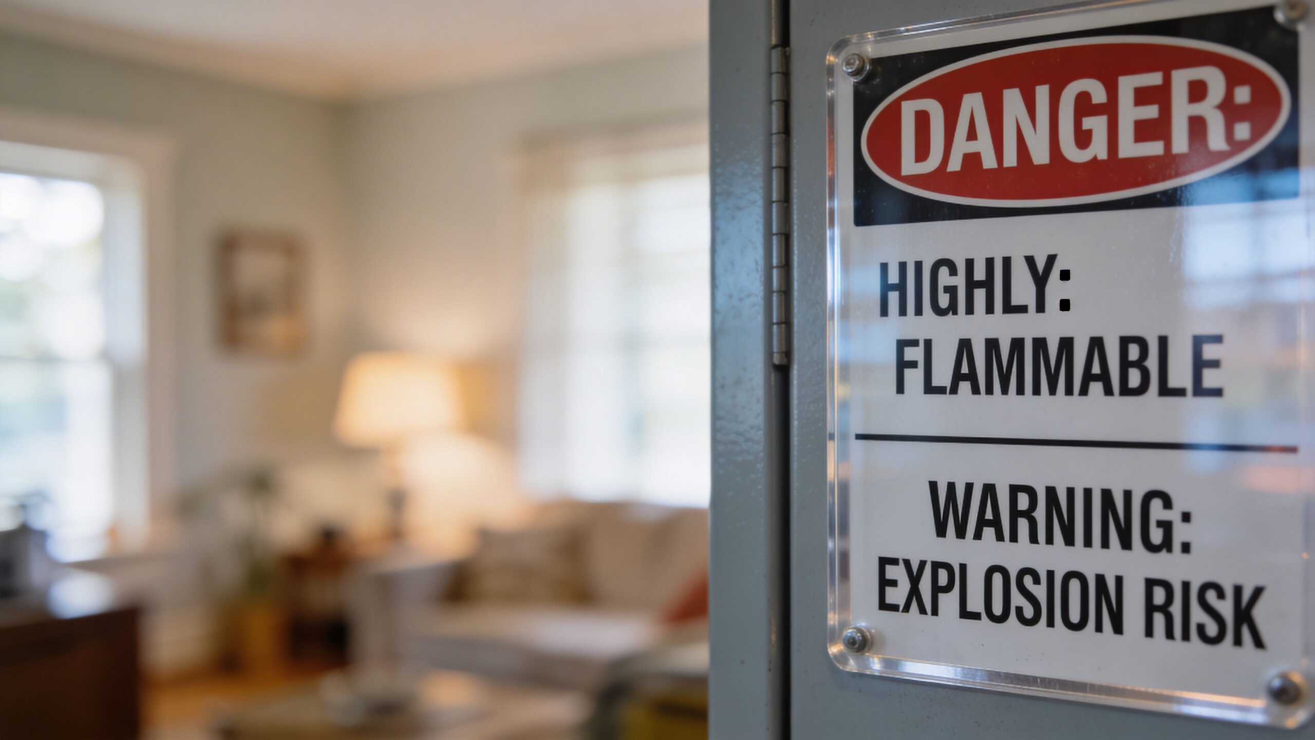 A close-up view of a metal safety cabinet door with a Danger Highly Flammable Explosion Risk sign.
